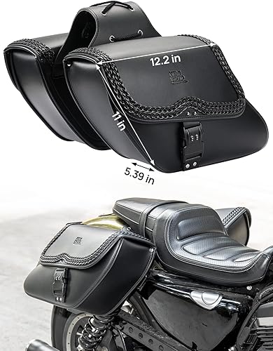 Miniatura 7 de KEMIMOTO Alforjas para motocicleta, bolsa lateral de cuero sintético con cerradura, 28L impermeable doble correa tachonada bolsas de sillín