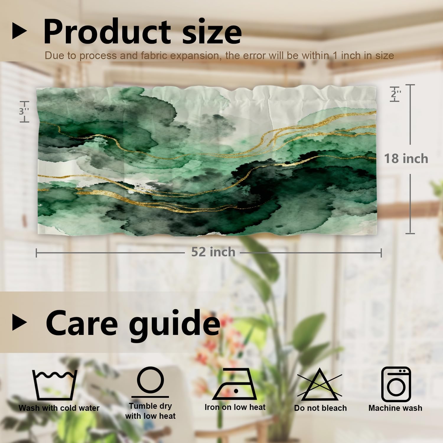 Green Golden Texture Kitchen Valances for Windows,Green Paints Golden Shiny Veins Marble Blackout Valances Curtains Multilayer Polyester Drapes for Kitchen Bedroom 1 Pack 52X18 Inches