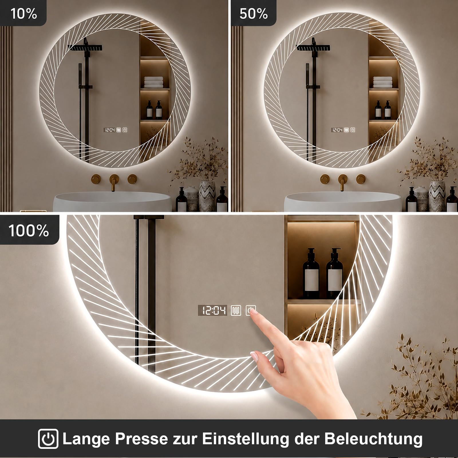 Badspiegel mit Beleuchtung, 80 cm Spiegel mit LED Licht | Zeit anzeigen Touch Schalter Temperaturanzeige und 3 Farben Dimmbar