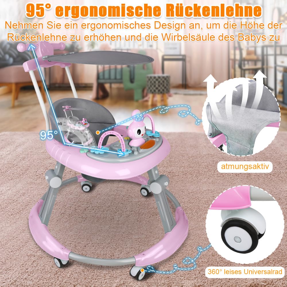 Girello pieghevole per neonati da 6 a 18 mesi, girello per bambini ragazzi e ragazze, barra di spinta alta + cappotta girevole a 360° + musica, 67 x 67 x 79 cm, rosa