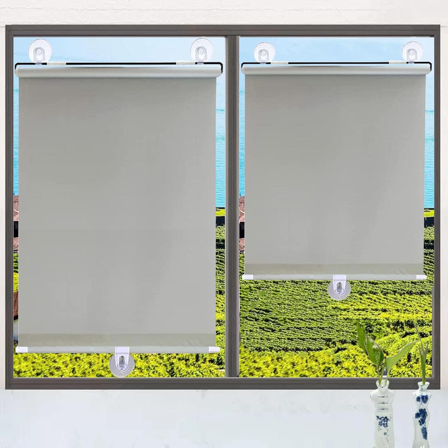 Suction Cup Roller Blinds,no-Drill Roller Blinds,Portable Balcony Curtains,Thermal Insulation and Sun Protection,Temporary Blinds for Windows and Doors,Many Sizes,Grey-60x125cm/24x49in