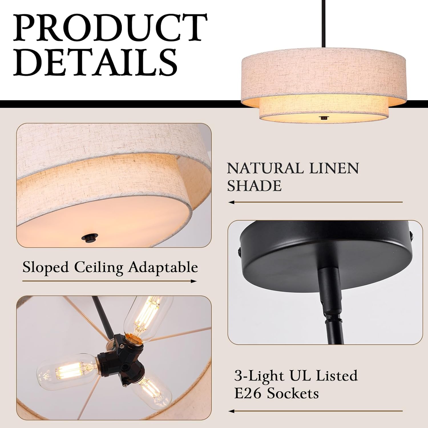 Black Modern Chandelier 18'' Drum Pendant Light with Fabric Lampshade Hanging Light Fixture 3-Light Farmhouse Chandeliers for Dining Room Bedroom Kitchen Hallway Foyer