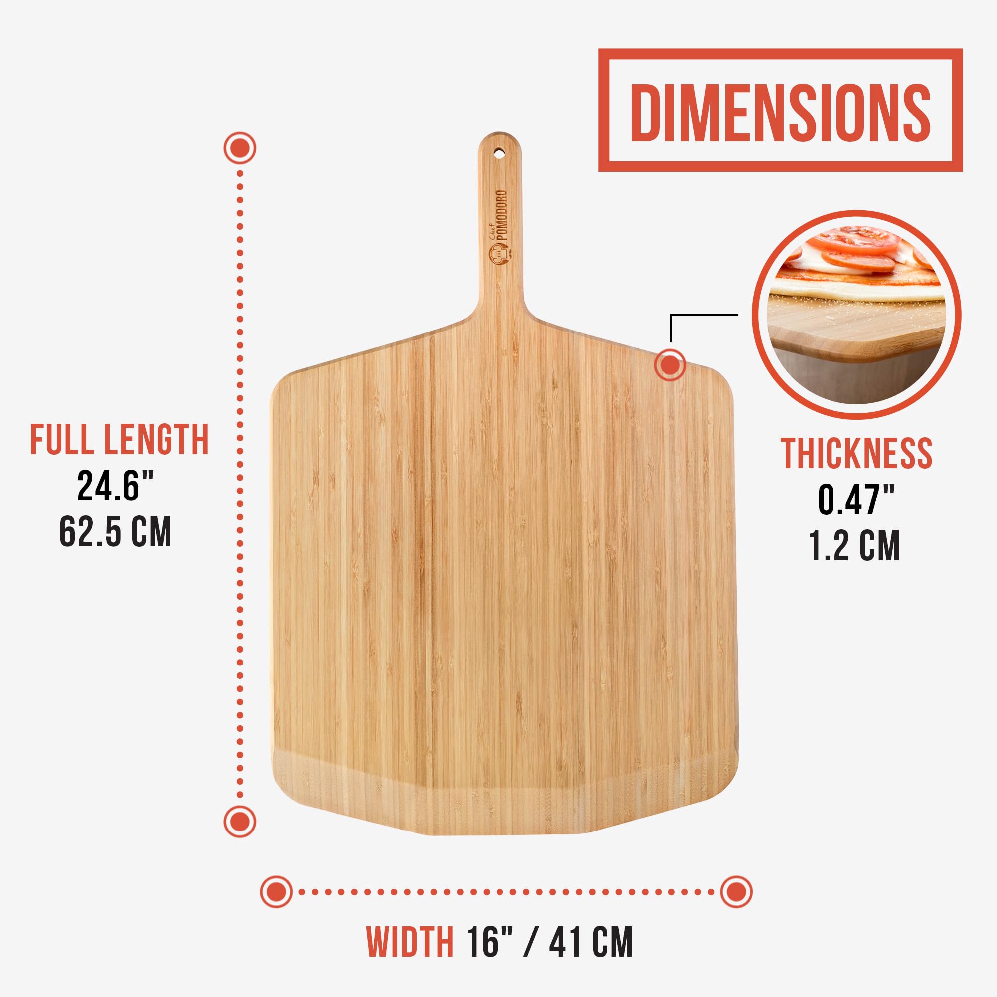 Chef Pomodoro 16-inch Bamboo Pizza Peel, Wooden Pizza Peel 16 Inch (41 cm), Pizza Paddle, Wood Pizza Board, Peel with Handle - Image 2