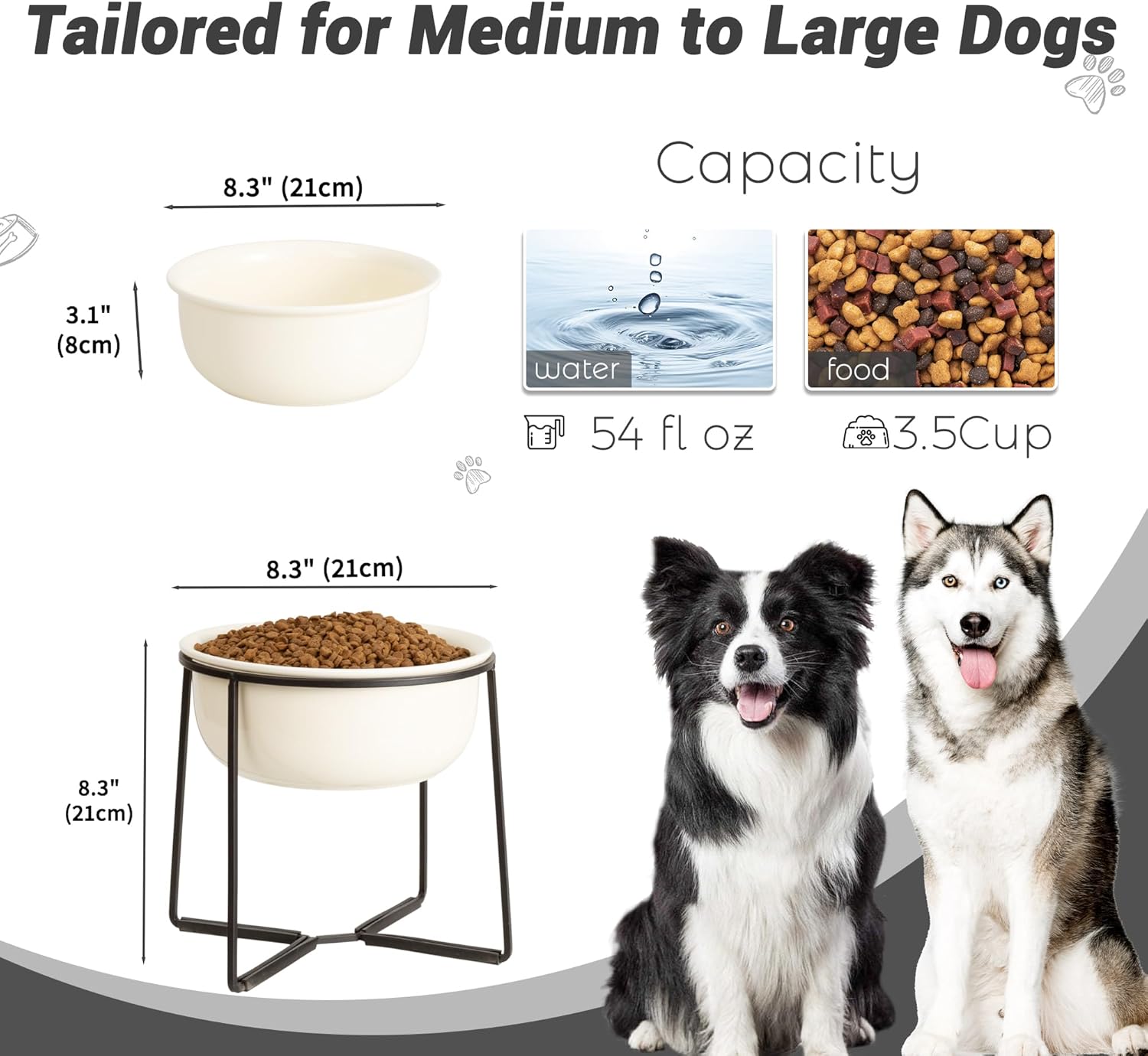 Ceramic Elevated Dog Food Bowl - Heavyweight Feeding Bowl with Metal Stand - Raised Pet Dish for Medium and Larges Dogs - 3.5 Cups - 54 oz - Beige
