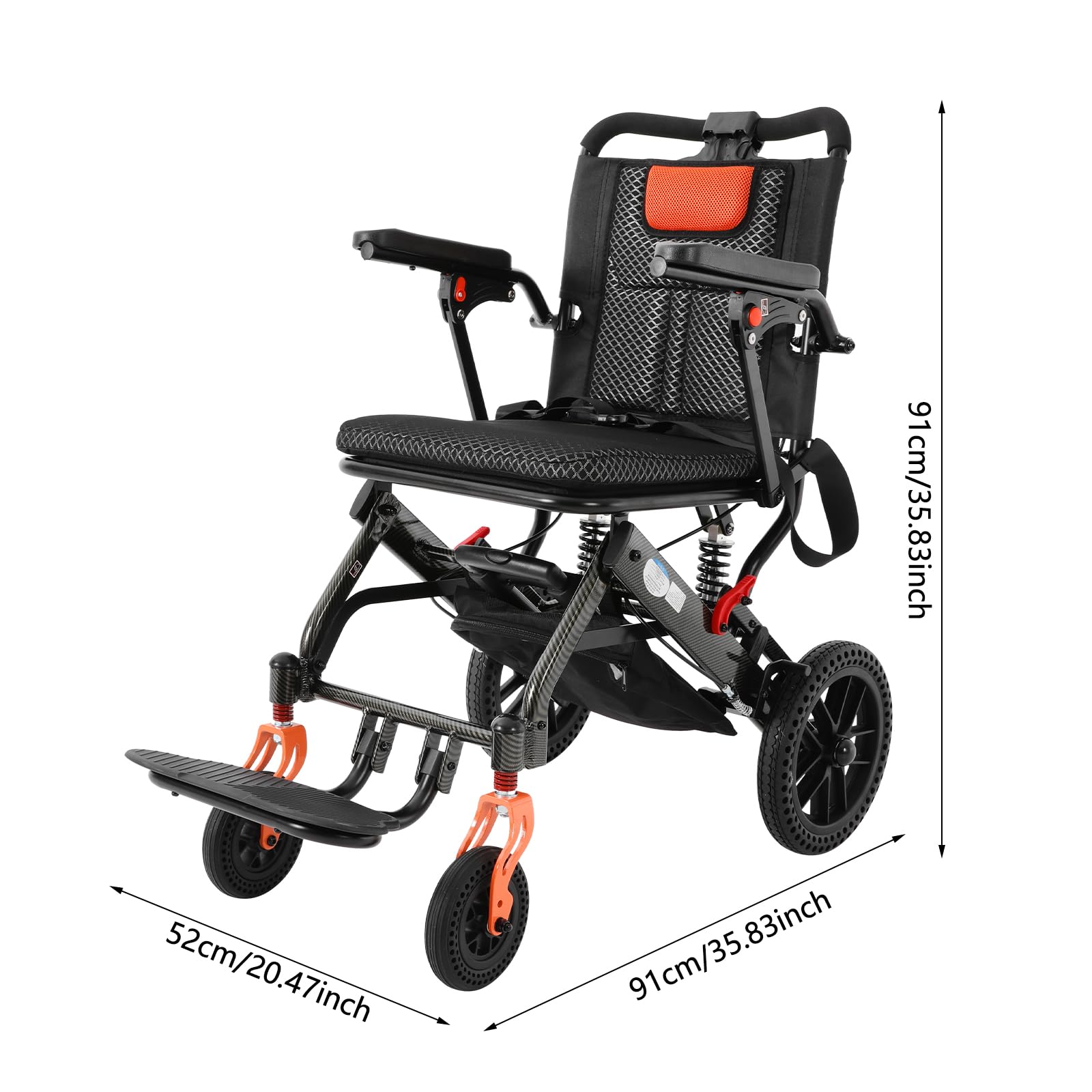 Silla de ruedas portátil plegable ligera de aleación de aluminio con frenos de mano y cinturón de seguridad, para personas mayores para viajar en avión y movilidad, soporta hasta 130 kg