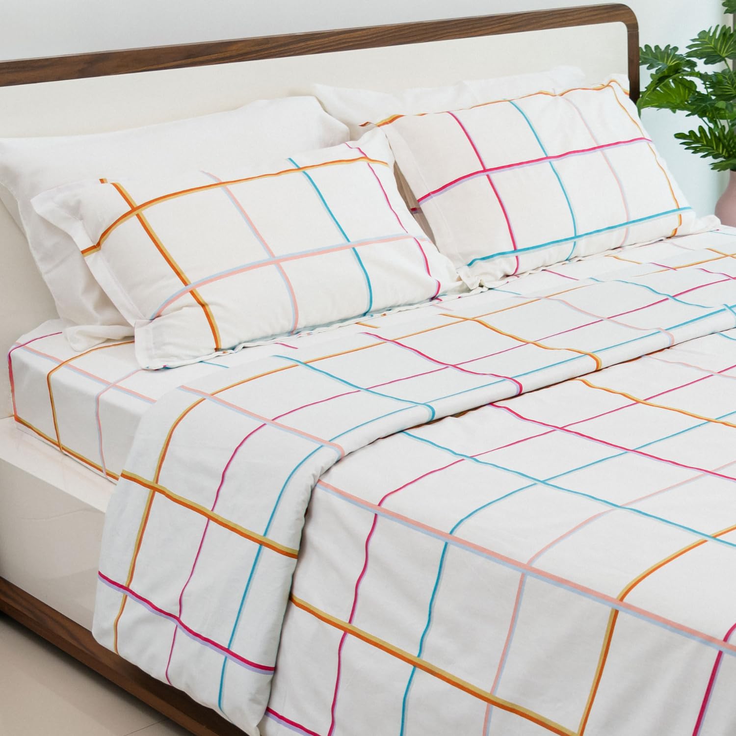Haus & Kinder 100% Cotton Bed Sheet for King Size Bed, 1 King Size Bedsheet Cotton (108 x 108 Inches) with 2 Pillow Covers | 186 TC Bedsheet for Double Bed King Size | Rainbow Checks (B0CXX7BCP1) Amazon Price History, Amazon Price Tracker