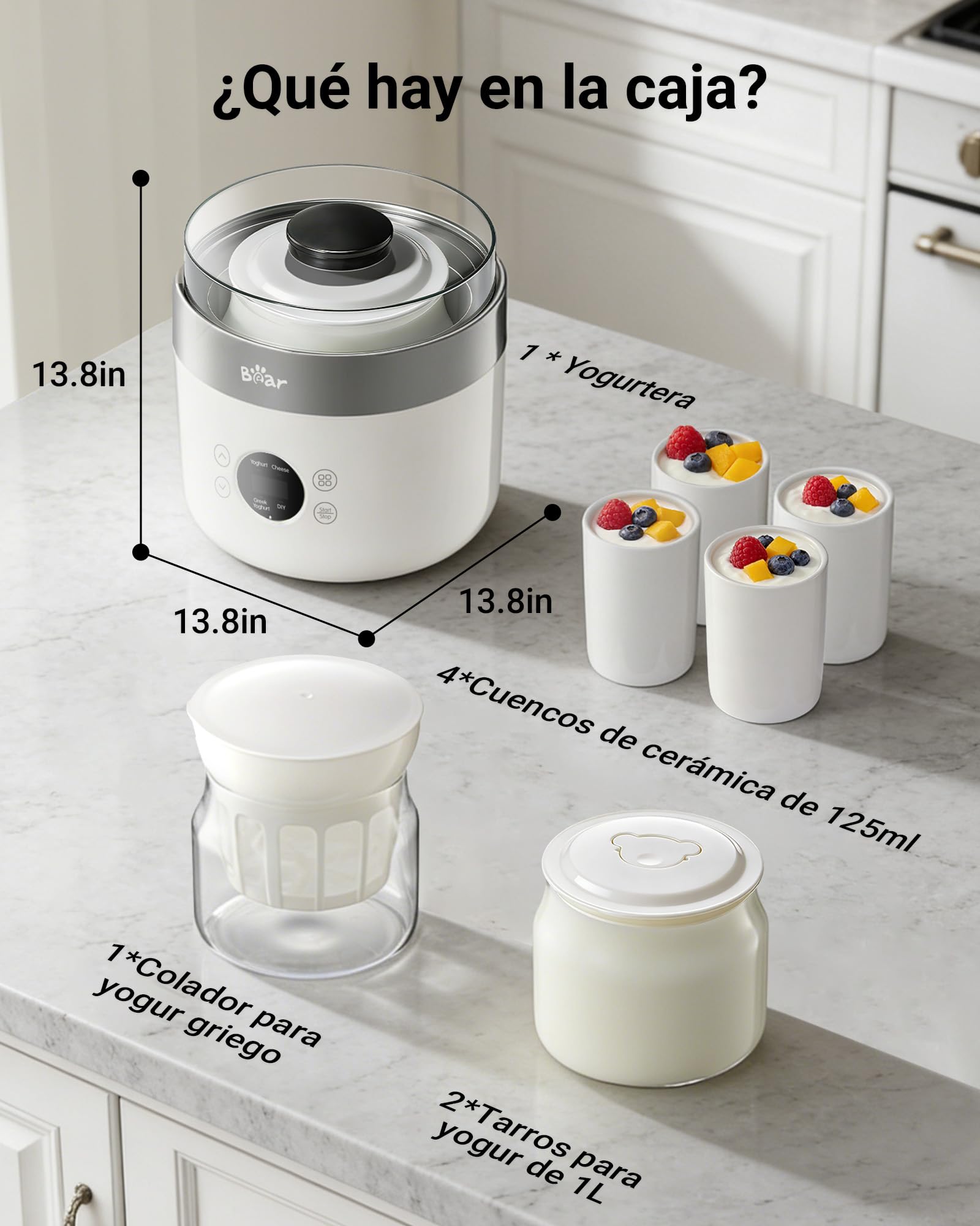 Bear Yogurtera y elaboradora de queso fresco, con 4 vasitos de porción en cerámica de 125 ml, 2 recipientes de cristal XXL de 1 litro y 4 programas preajustados para yogur griego y queso