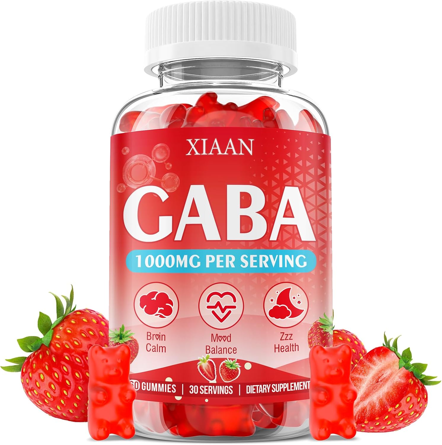 GABA Gummies 1000mg for Kids & Adults, Chewable GABA Supplements with L Theanine 5-HTP Ashwagandha Vitamins B6,B12,D3 for Calm & Zzz, Sugar-Free/Vegan, Strawberry Flavor 60 Count