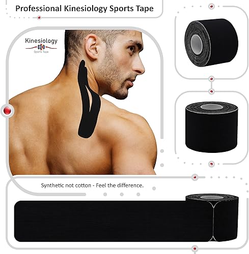 Vista 2 de Cinta de kinesiología precortada con dispensador – Cinta muscular deportiva sintética – Negro – Rollo de 16.4 ft – 20 tiras – Cinta de fisioterapia