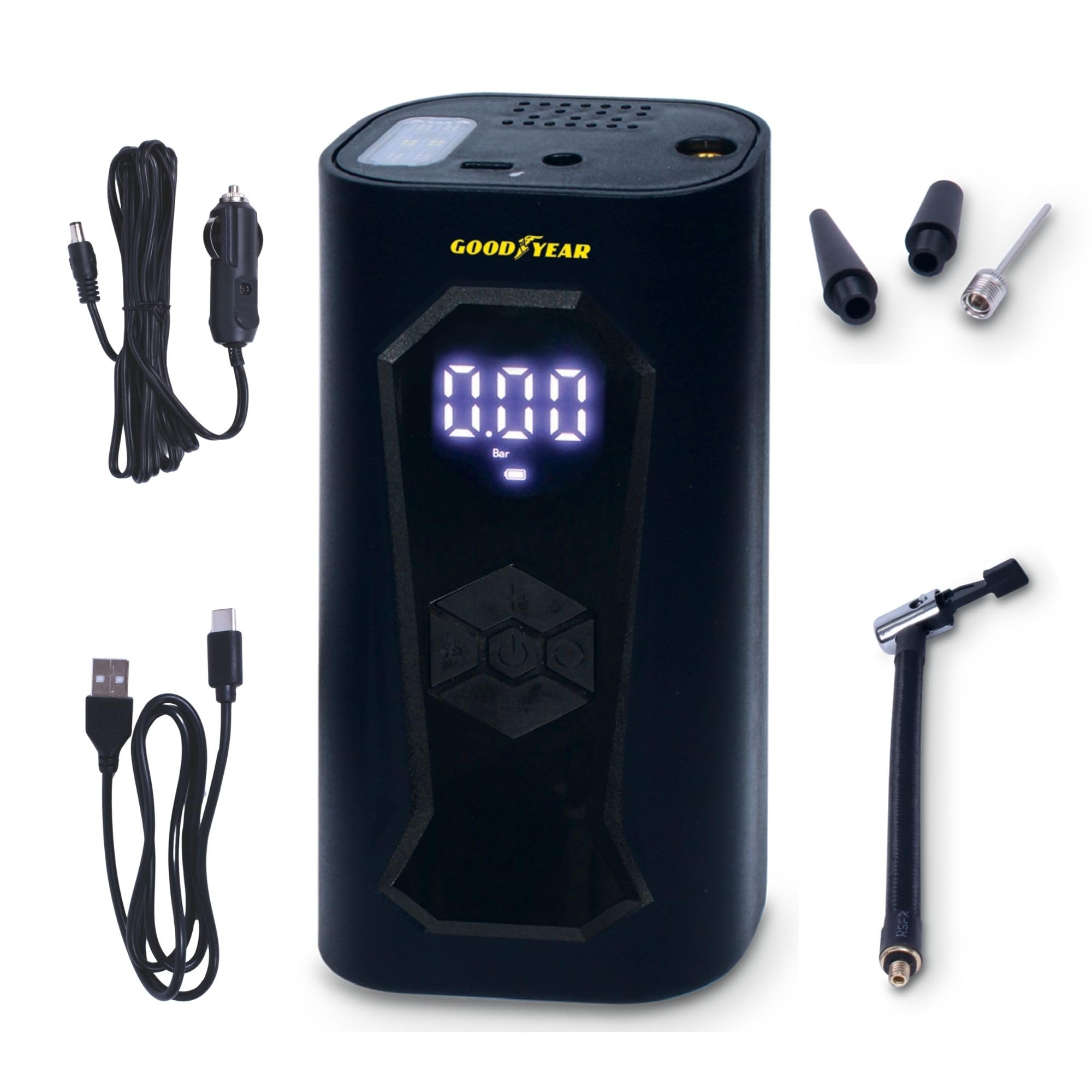 Goodyear, Compresor de Aire, portátil, inalámbrico, Recargable, 6000 mAh, 5 en 1: inflado, desinflado, medición de presión, batería Externa, Linterna 6 LED, Incluye Accesorios, Toma de Encendedor