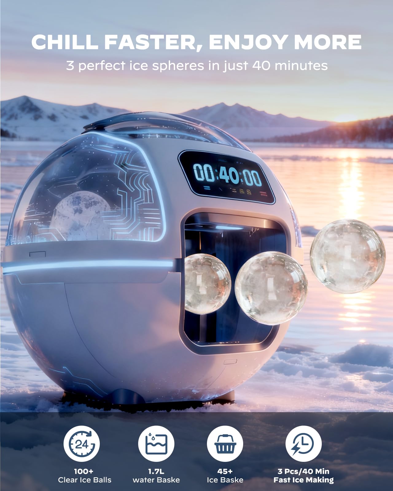 Silonn 2.4″ Sphere Ice Maker, Clear Ice Ball Maker With Slow-Melting, 3 Pcs In 40 Mins, 100 Pcs/Day, Crystal Sphere & Rapid Sphere Technology, Self-Cleaning Ice Maker Countertop Ideal For Whiskey on Fridge.com - View 3