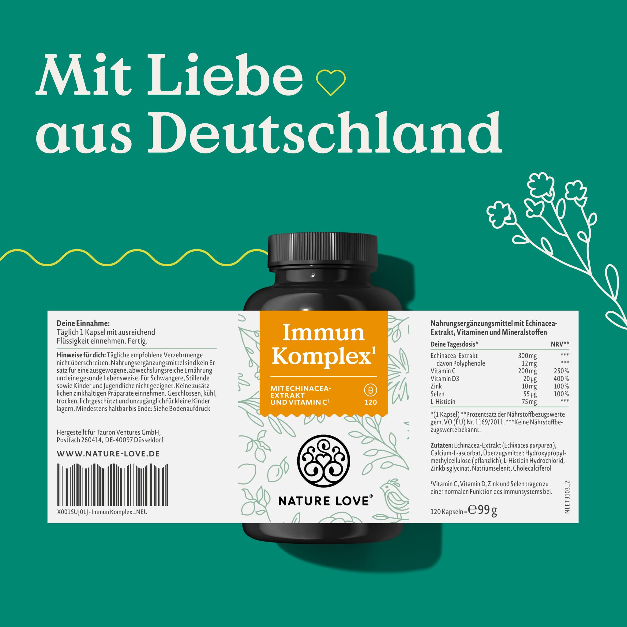NATURE LOVE® Immun Komplex - 120 Kapseln - 4 Monate Reichweite - mit Echinacea-Extrakt, Vitamin C & D, Zink, Selen und Histidin - Immunsystem unterstützen* - hochdosiert, laborgeprüft aus Deutschland