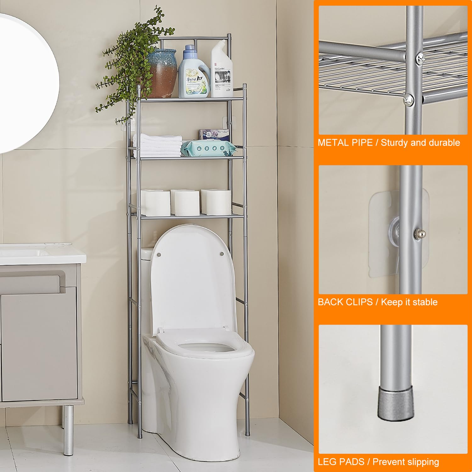 Mobile Sopra WC, Scaffale Sopra Toilette a 3 Livelli | Mensola Portaoggetti Indipendente Metallo, Mobile Bagno Sopra WC Salvaspazio Multifunzione, Scaffale Sopra Lavatrice, Grigio