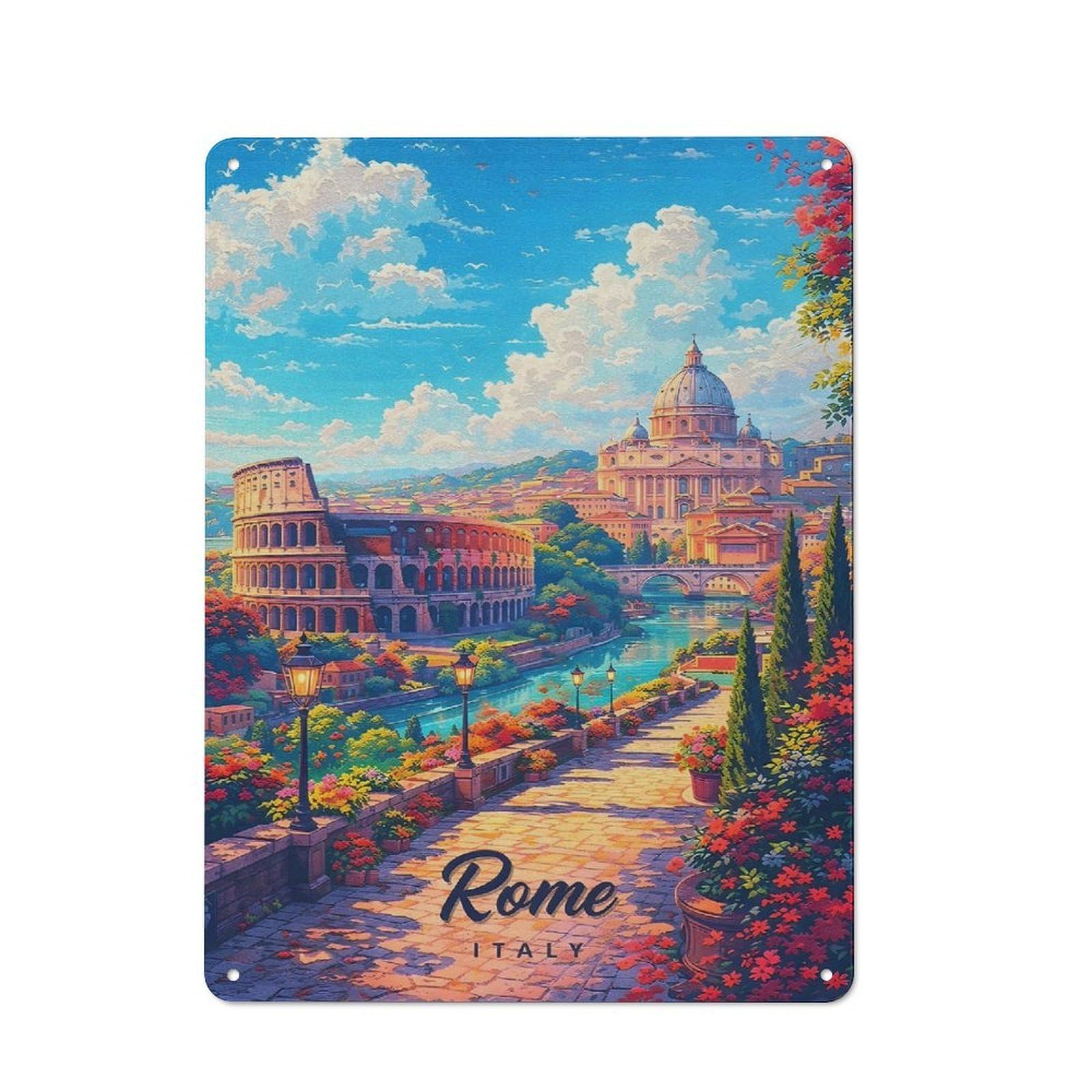 Junmoney Style-1 Vibrant Rome Cityscape With Colosseum And St. Peters Basilica Printed Metal Sign 40X30cm For Café Or Restaurant, For Restaurant Decor Fans, For Retro Home Interiors