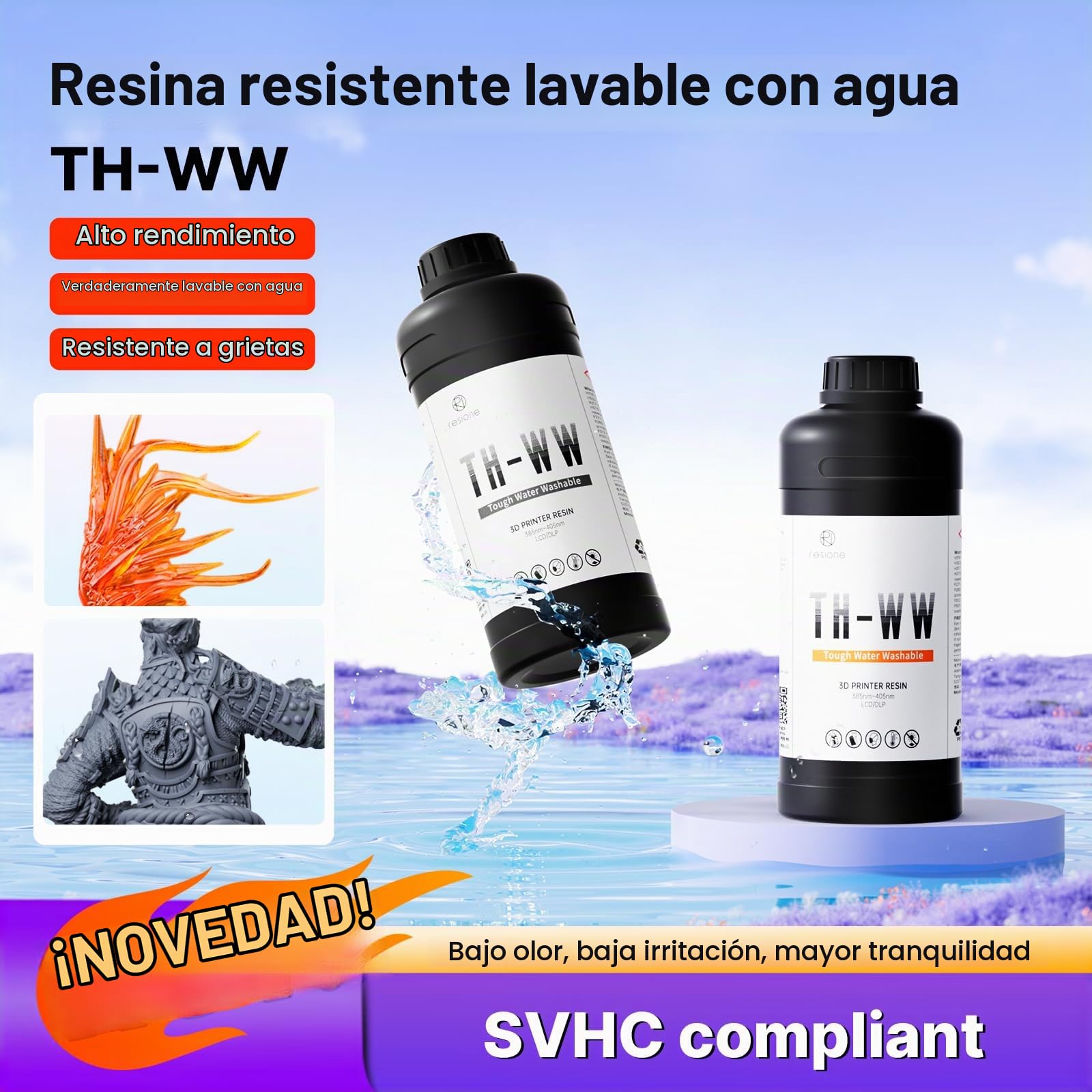 RESIONE Resina impresora 3D Transparente Lavable con Agua TH-WW, Anti-Amarilleo y Alta Tenacidad, LCD/MSLA/DLP UV 405 nm (Flame Orange)