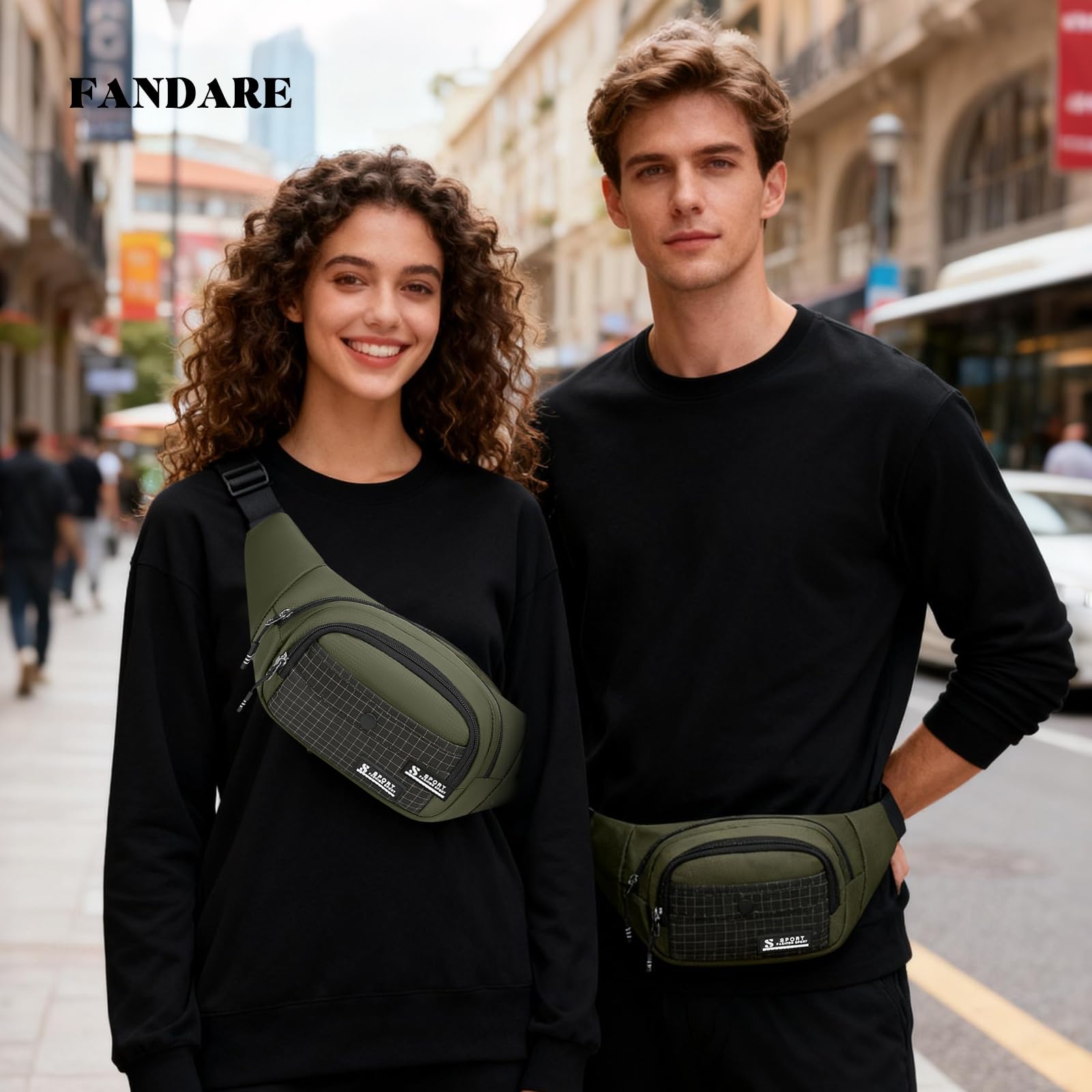 FANDARE Grand Sacs bananes ville Ceinture de Course Femme Homme, Sacoche à Poitrine 3 Poches zippées, avec Sangle Réglable Sac Bandoulière pour Cyclisme, randonnée,Jogging,Voyages,l'extérieur