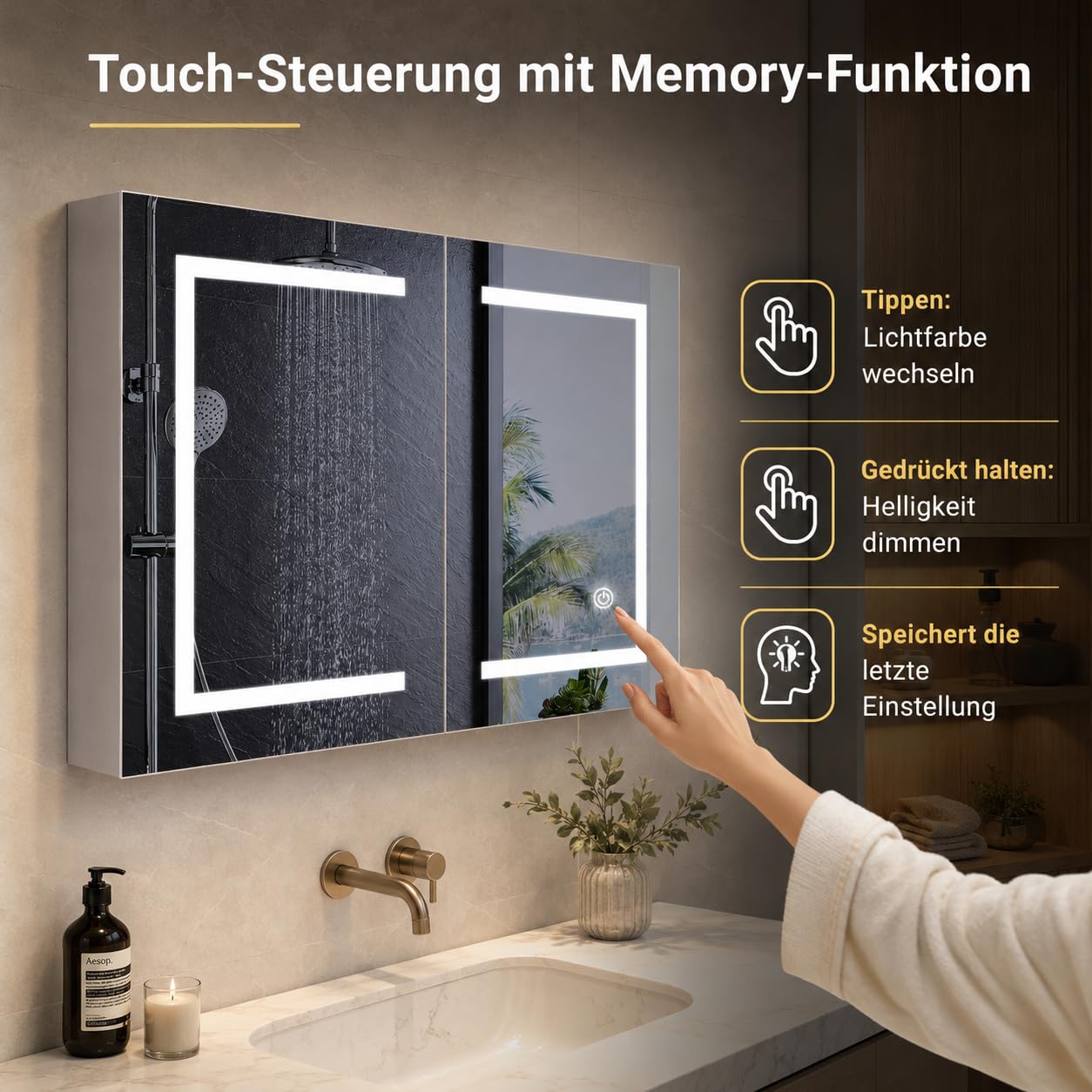 Spiegelschrank Bad Mit Beleuchtung, Alibertschrank Bad Mit Beleuchtung, 80cm Badezimmer Spiegelschrank, Spiegel Und Ablage Verstellbarer, Spiegelschränke Fürs Bad, Hängeschrank, Doppeltür (Weiß-80cm)