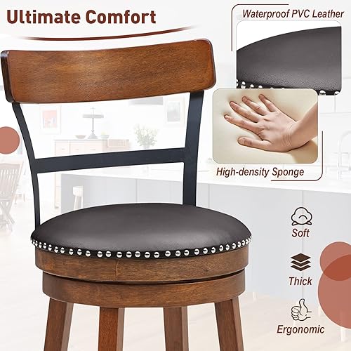 Miniatura 6 de Giantex Juego de 2 taburetes de bar de madera de goma giratorios de 25.5 pulgadas de altura de mostrador con cojines de asiento acolchados suaves,