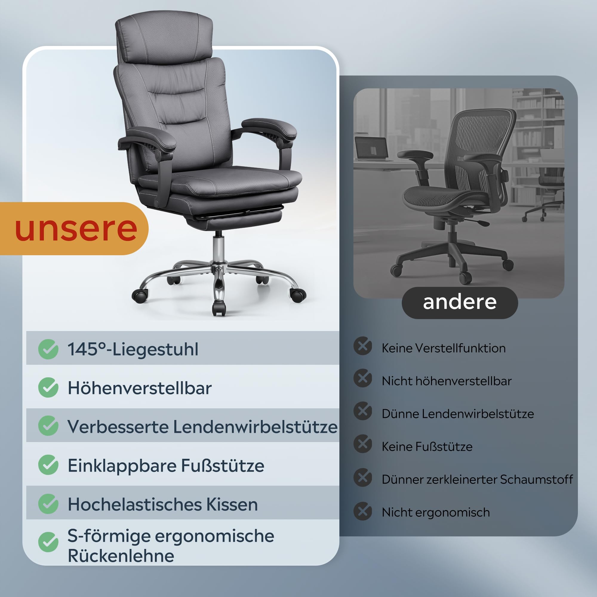DEVAISE Chefsesse PU Leder, Bürostuhl Ergonomisch mit Fußstütze und Lendenwirbelstütze, Wippfunktion und Winkelverriegelung, Hohe Rückenlehne, Höhenverstellbar, Liegestuhl für Büro, Schwarz, Bis 200kg