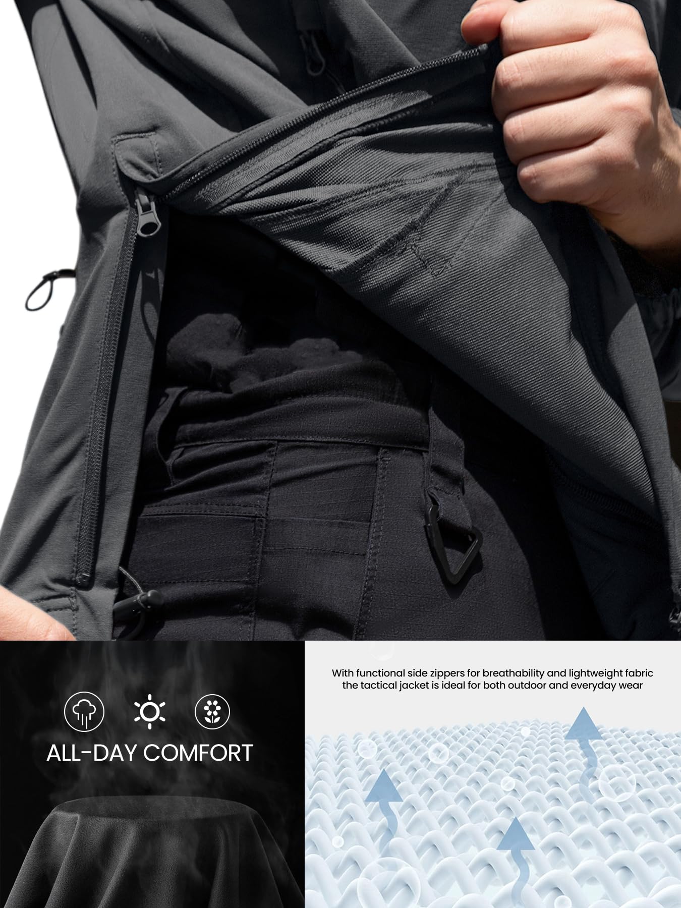 Veste tactique légère à capuche coupe-vent imperméable extensible respirante 9 poches pour homme