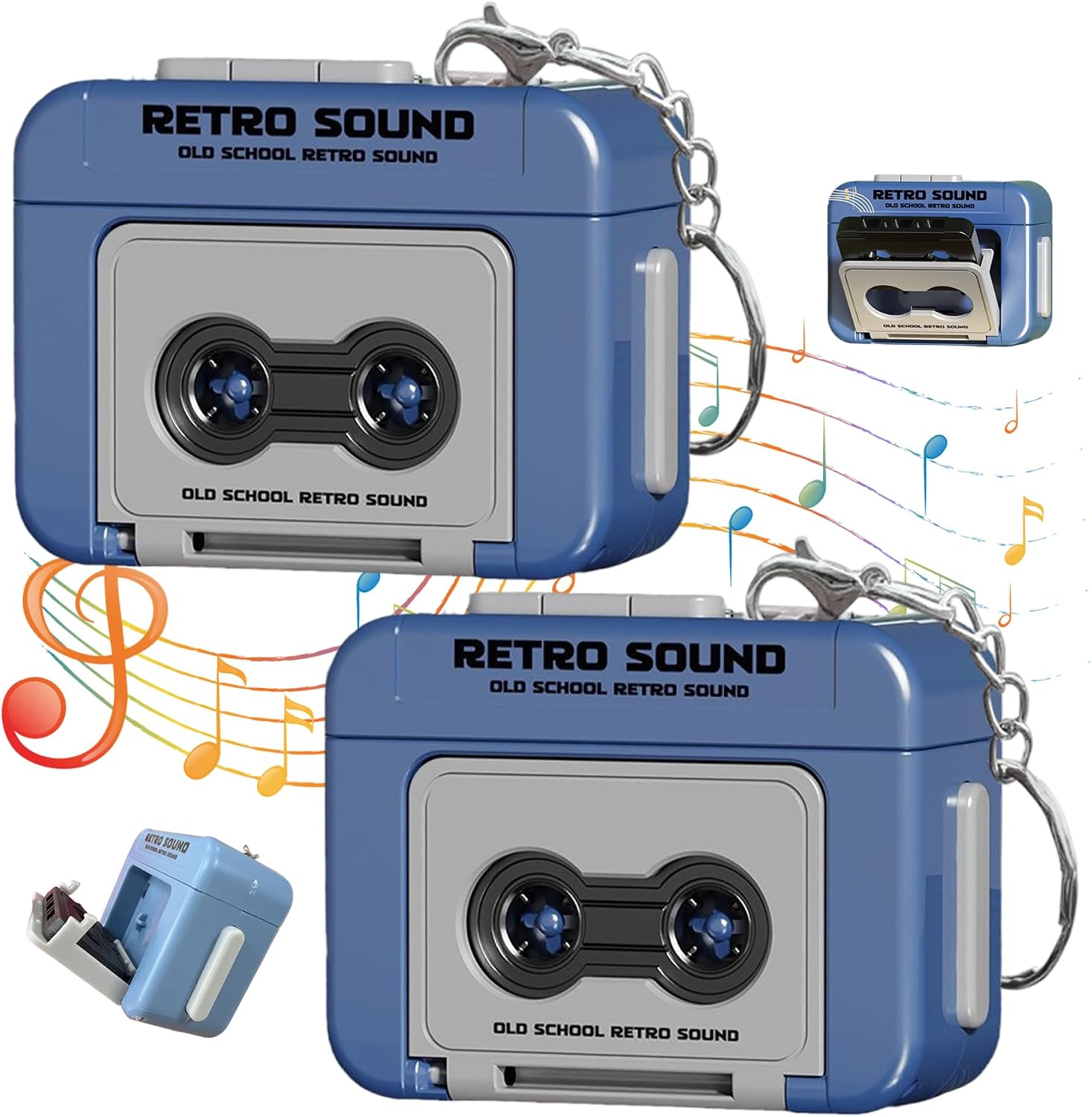 2Pcs Mini Tape Recorder Keychain, Plastic Recordable Retro Cassette Keychain for Backpacks Handbags