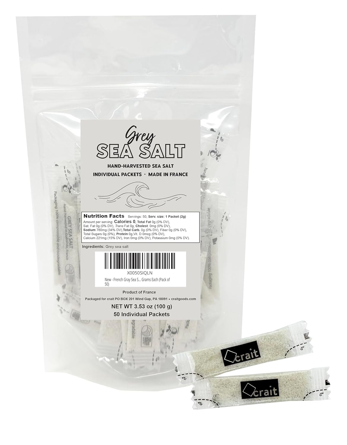 Sal Marina Gris Fina - Paquete de 50 Sobres Individuales de 2g