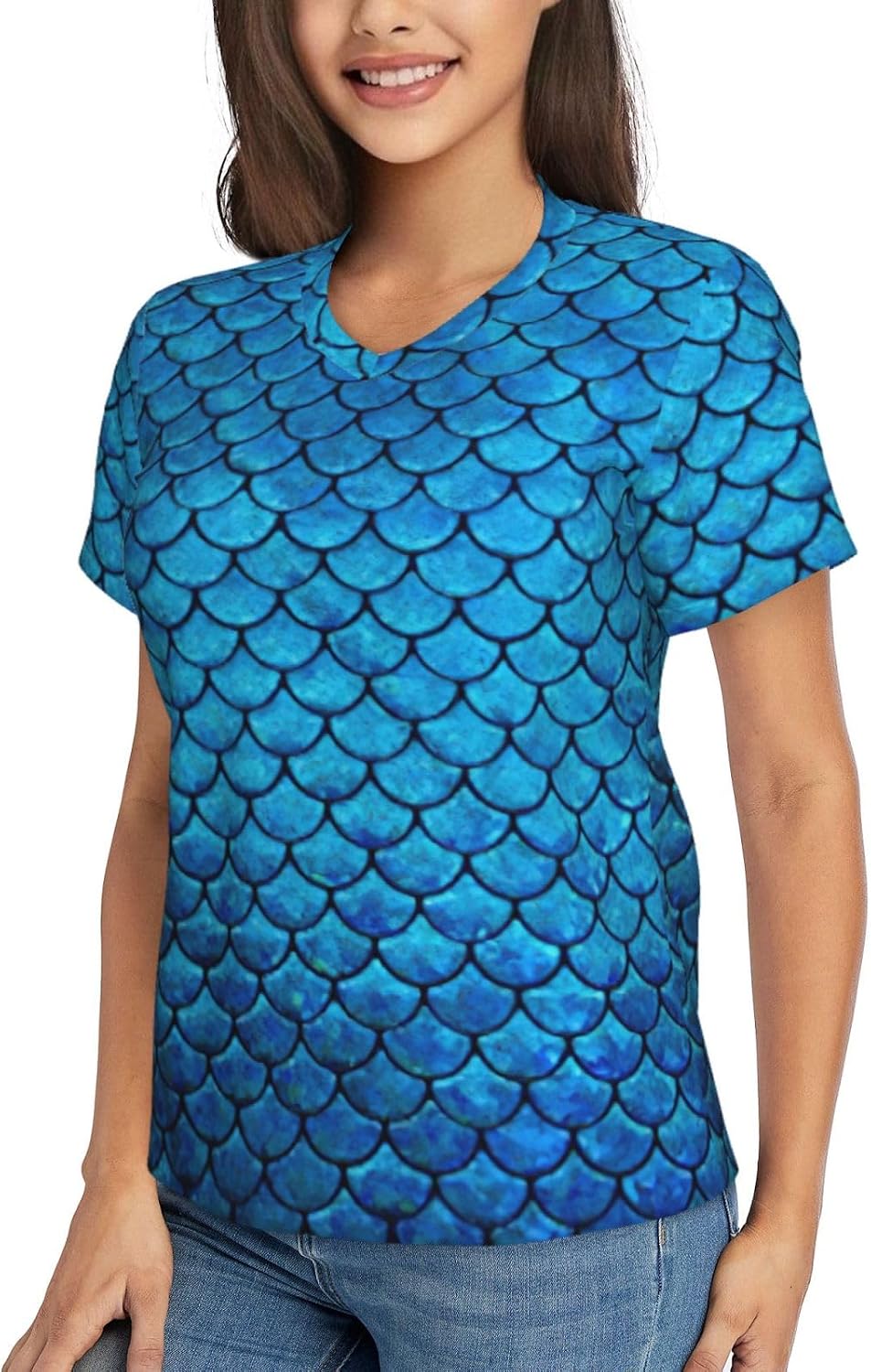 Women Casual Blue Fish Scale Print V-Neck T-Shirt Short Sleeve Summer Trendy Tops.