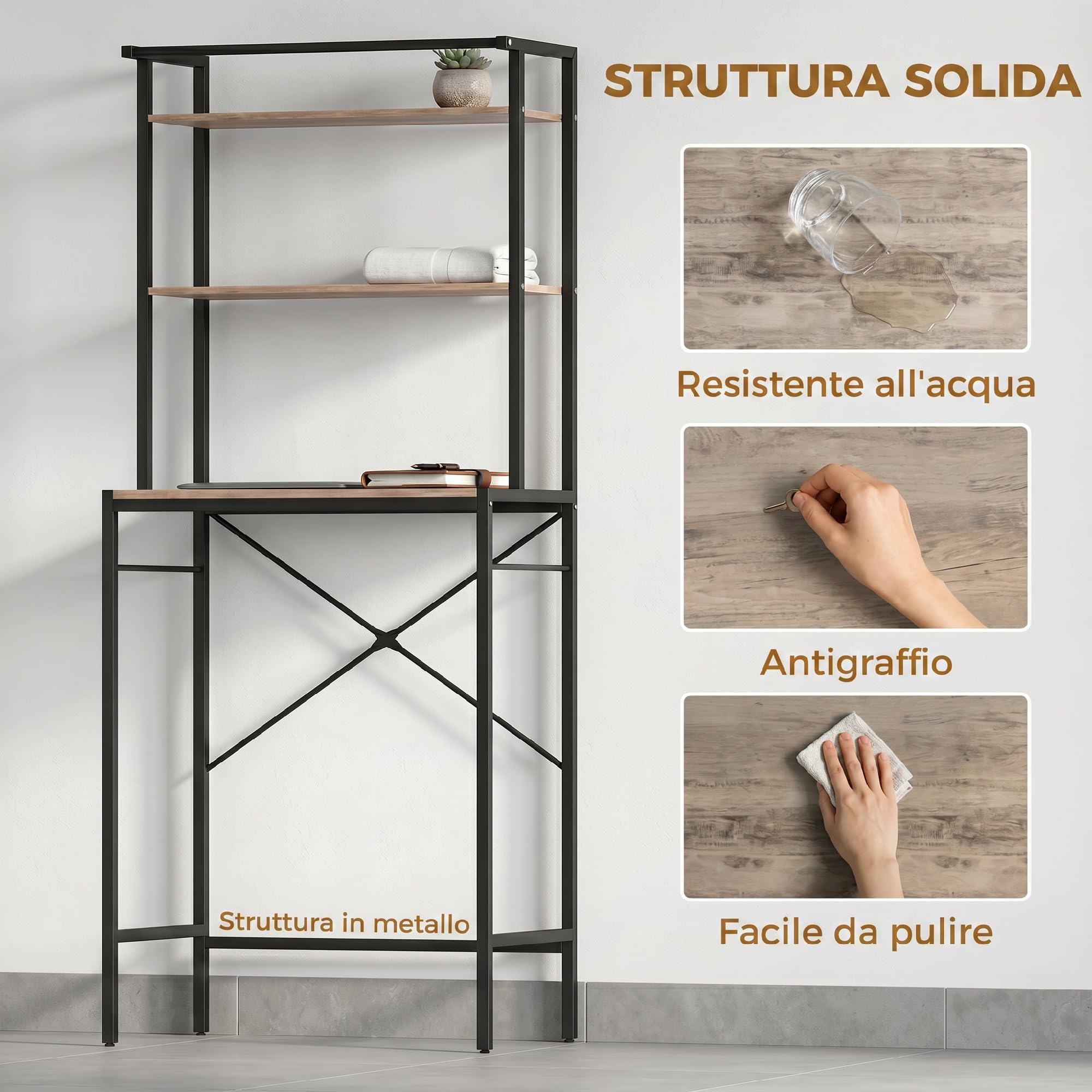 HOMCOM Mobile Sopra Lavatrice Coprilavatrice 67x40x161.8cm Marrone/Nero | Ripiani, Barra Appendiabiti, Scaffale Coprilavatrice Asciugatrice, Bagno e Lavanderia