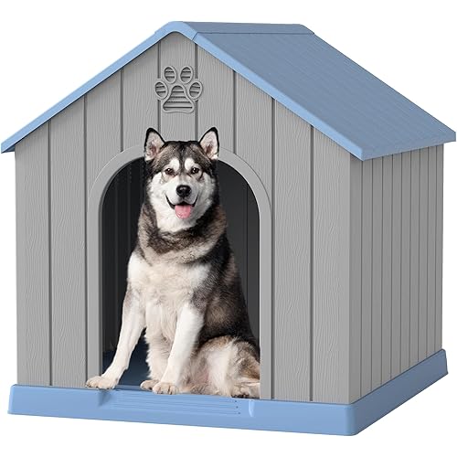 Large Dog House Outdoor Indoor for Medium Large Dogs, Durable Plastic Waterproof Doghouse with Air Vents and Elevated Floor, Easy Clean and Assemble (Blue2, 36.2''L×38''W×38''H)