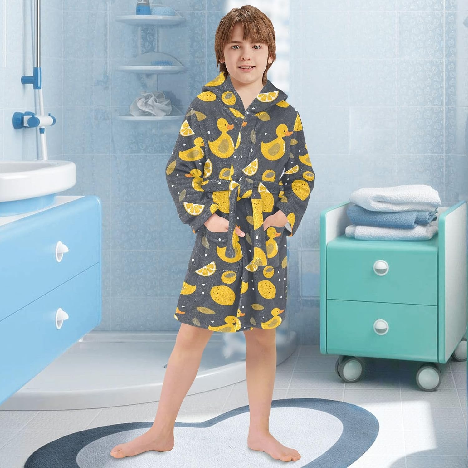 senya Lemon Yellow Duck Toddler Hooded Bathrobe Kids Soft Plush Bath Towel Robes for Boys Girls 2-12 Years