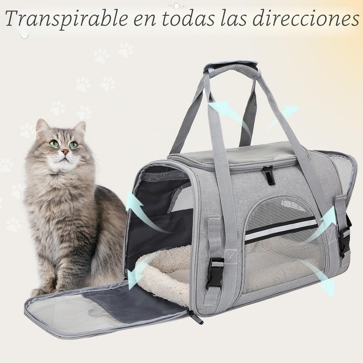 Bolsa Transportin Gato,5KG Transportín Perro Gato, Aprobada por la Aerolínea,Plegable Transportin para Gatos,Transportadora Gatos con Bandolera Desmontable para Gatos für Katzen Kleine,Gris,M