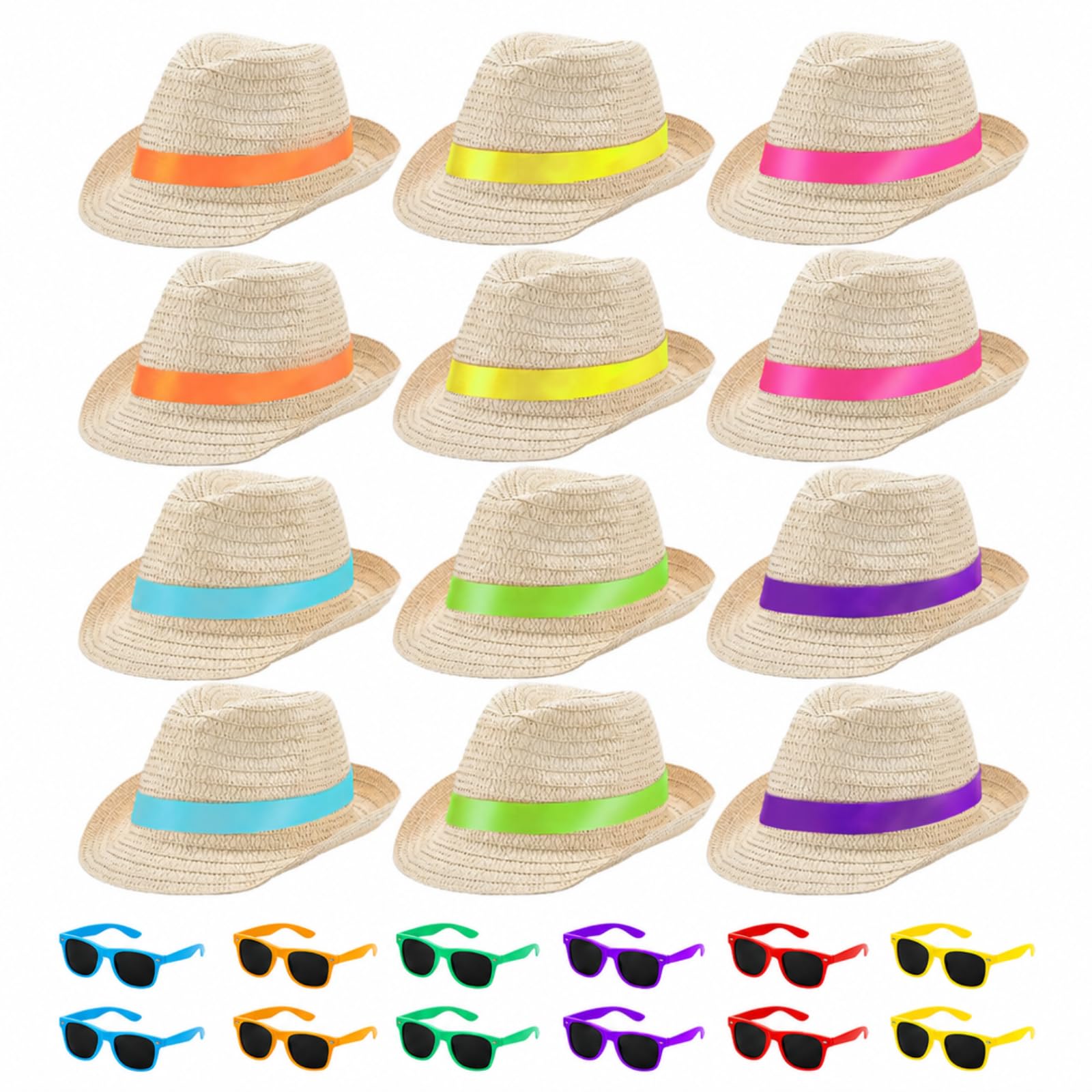 Newcotte Strohhüte mit Sonnenbrille, Fedora-Partyhüte für hawaiianische Luau-Zubehör, kubanische Sommergeschenke, Rot, Orange, Gelb, Grün, Blau, Violett, One Size