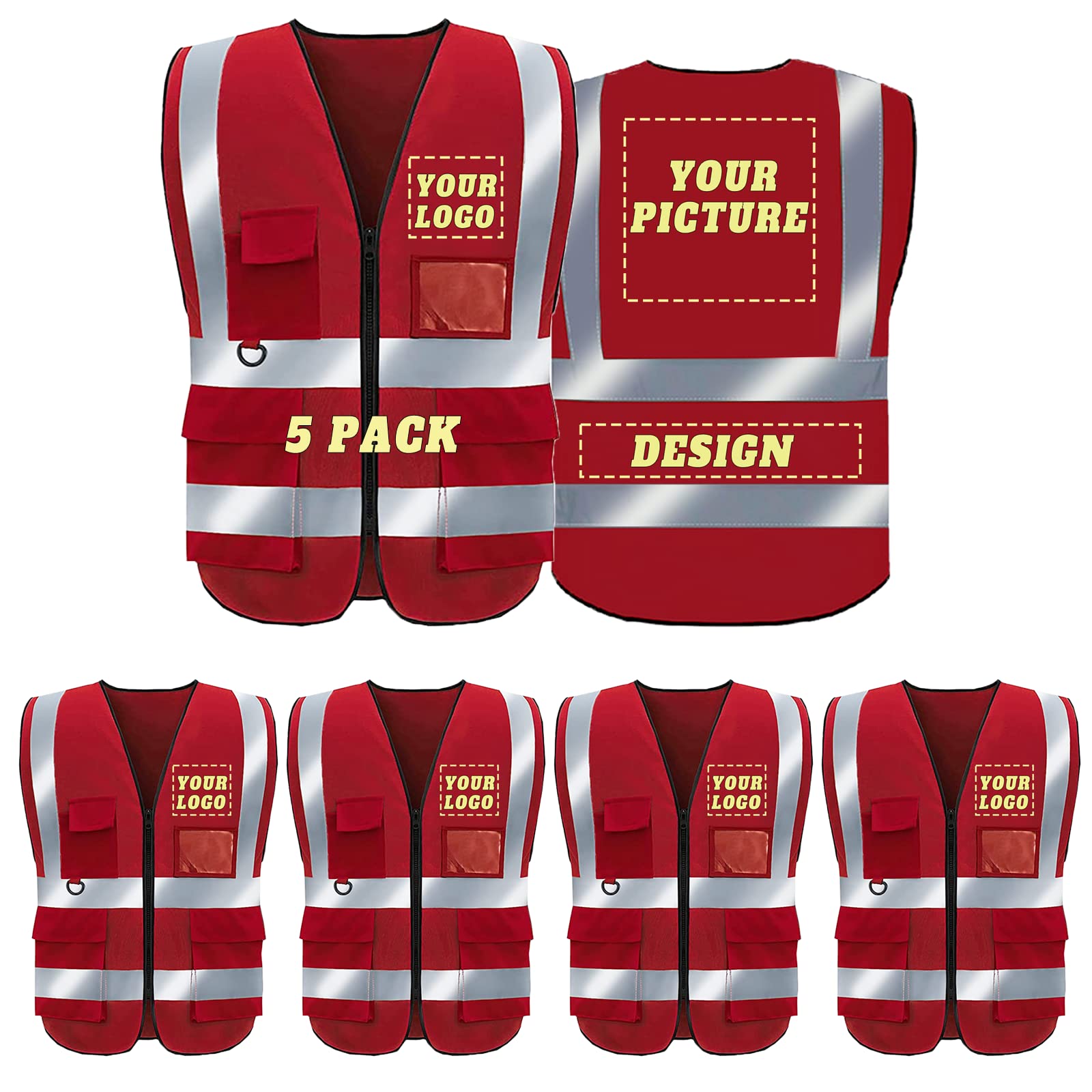 BeautyWill Custom Hi Vis Vest for Men and Women,Class 2 hi vis Zipper Front High Visibility Vest Hi Vis reflective Vest Waistcoat with Phone & ID Pockets-5 Pack(001Red, XXL) — image 1