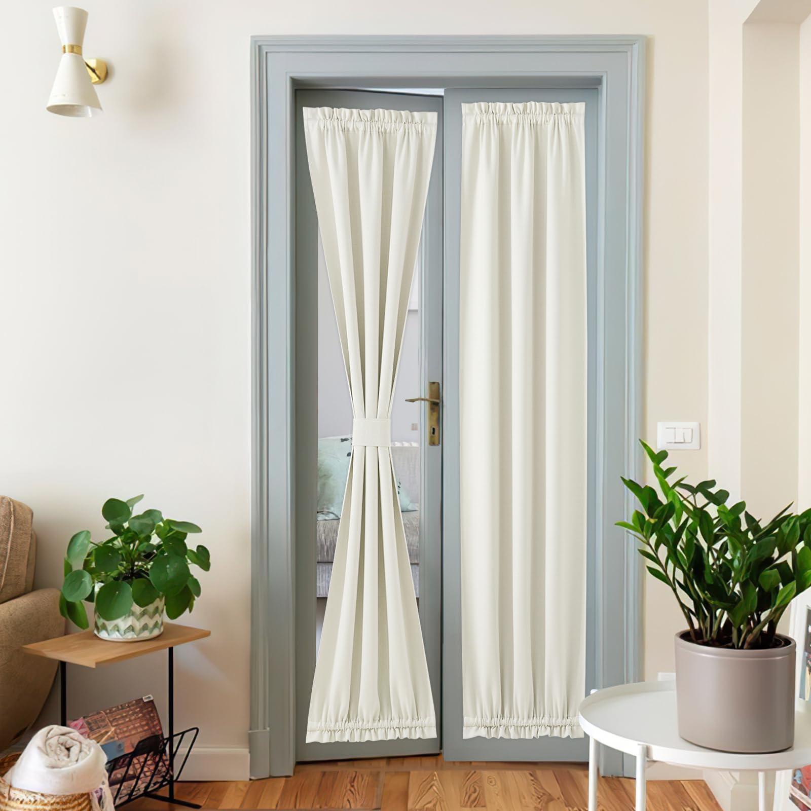 NICETOWN Farmhouse Blackout Door Curtains, Elegance French Faux Linen Door Curtains for Privacy, Easy Installed Panels, Window Covering for Doorway, Natural, 25" W x 80" L, 1 Panel