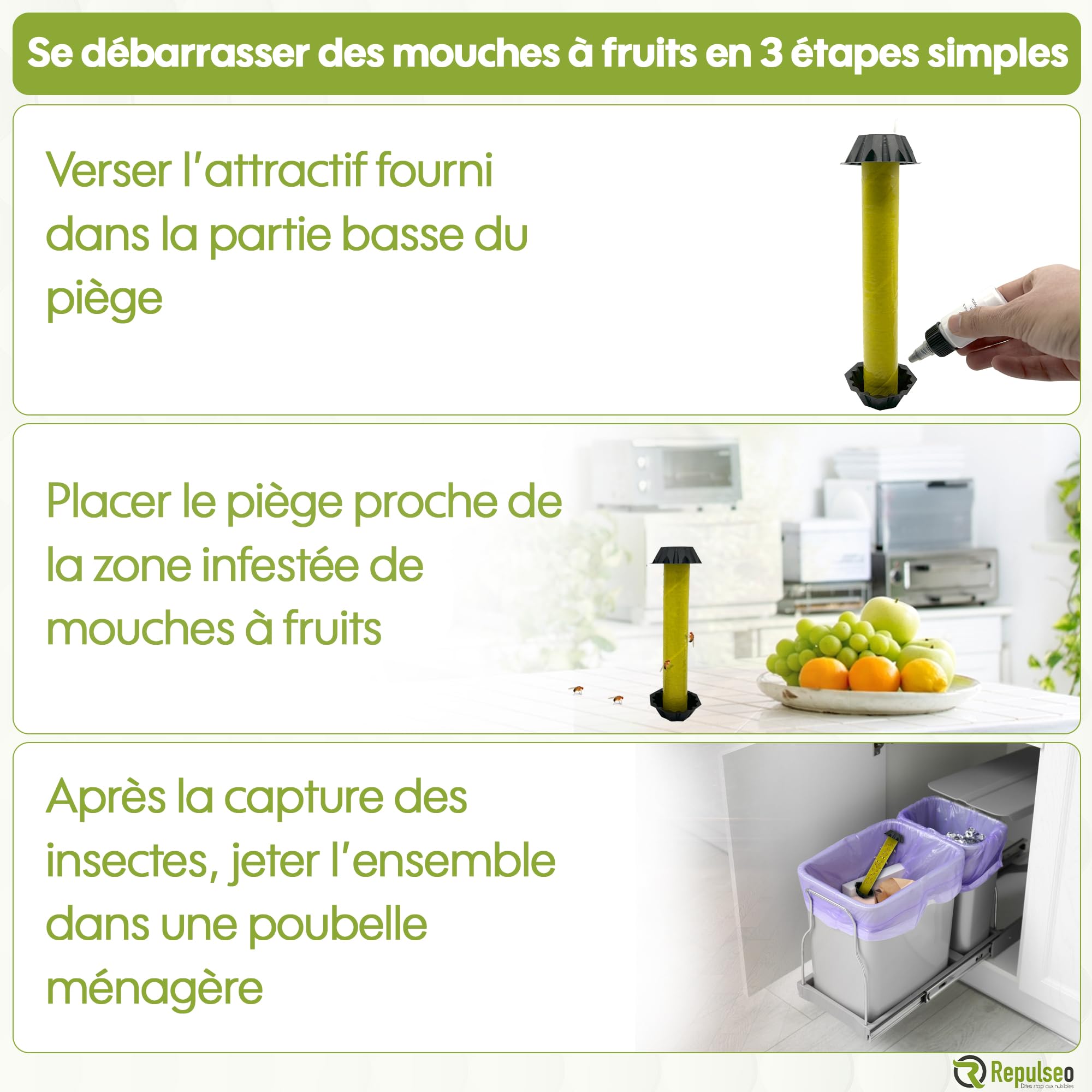 Piège à Mouches des Fruits ✯Made in UE✯, Anti Moucherons Intérieur, Attrape Moucherons Cuisine, Piege Moucherons et Mouchettes Fruits intérieur [Remède Naturel et sans Insecticide]