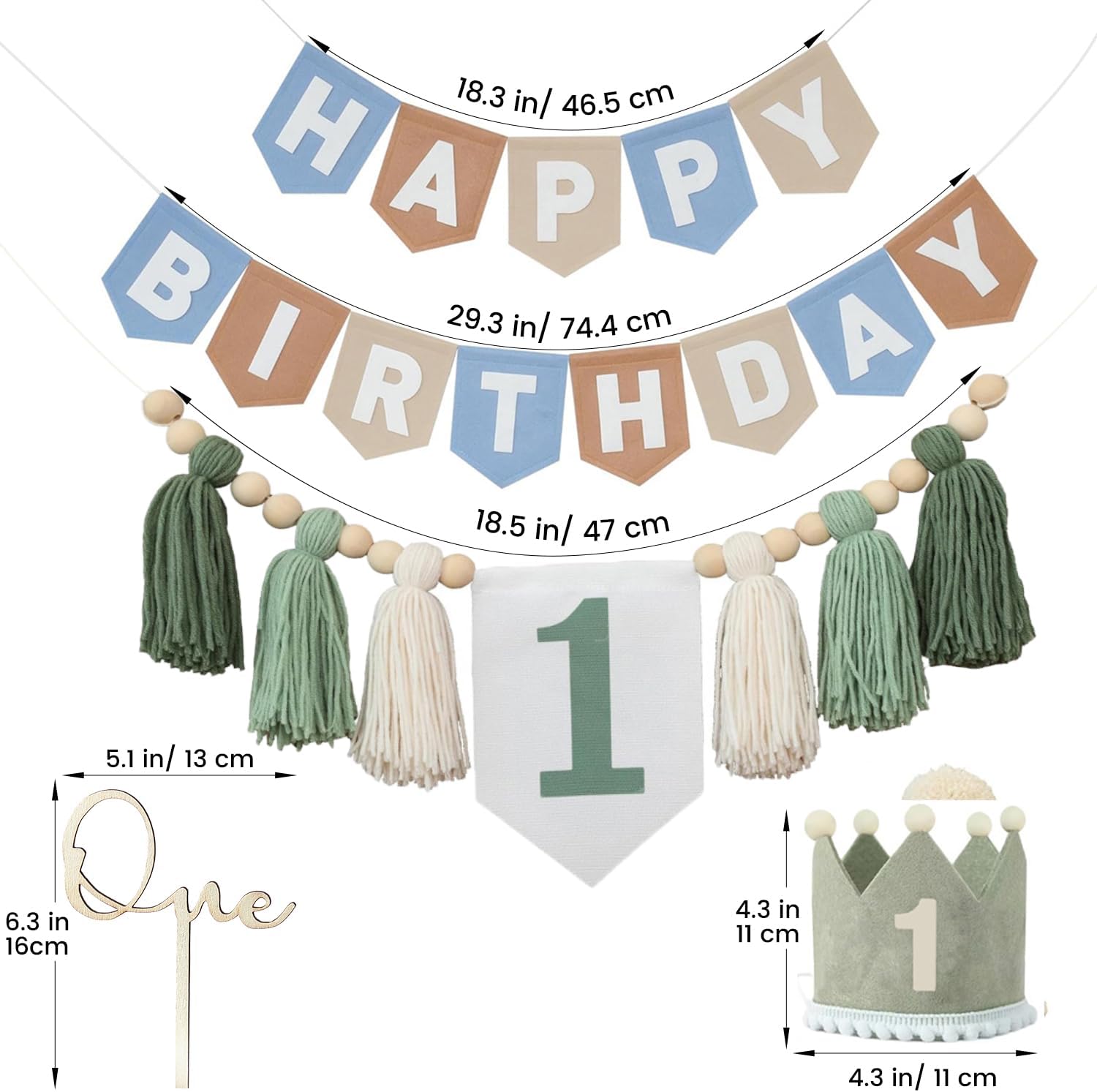 1st High Chair Decoration with Happy Birthday Banner, Hat and Cake, Sage
