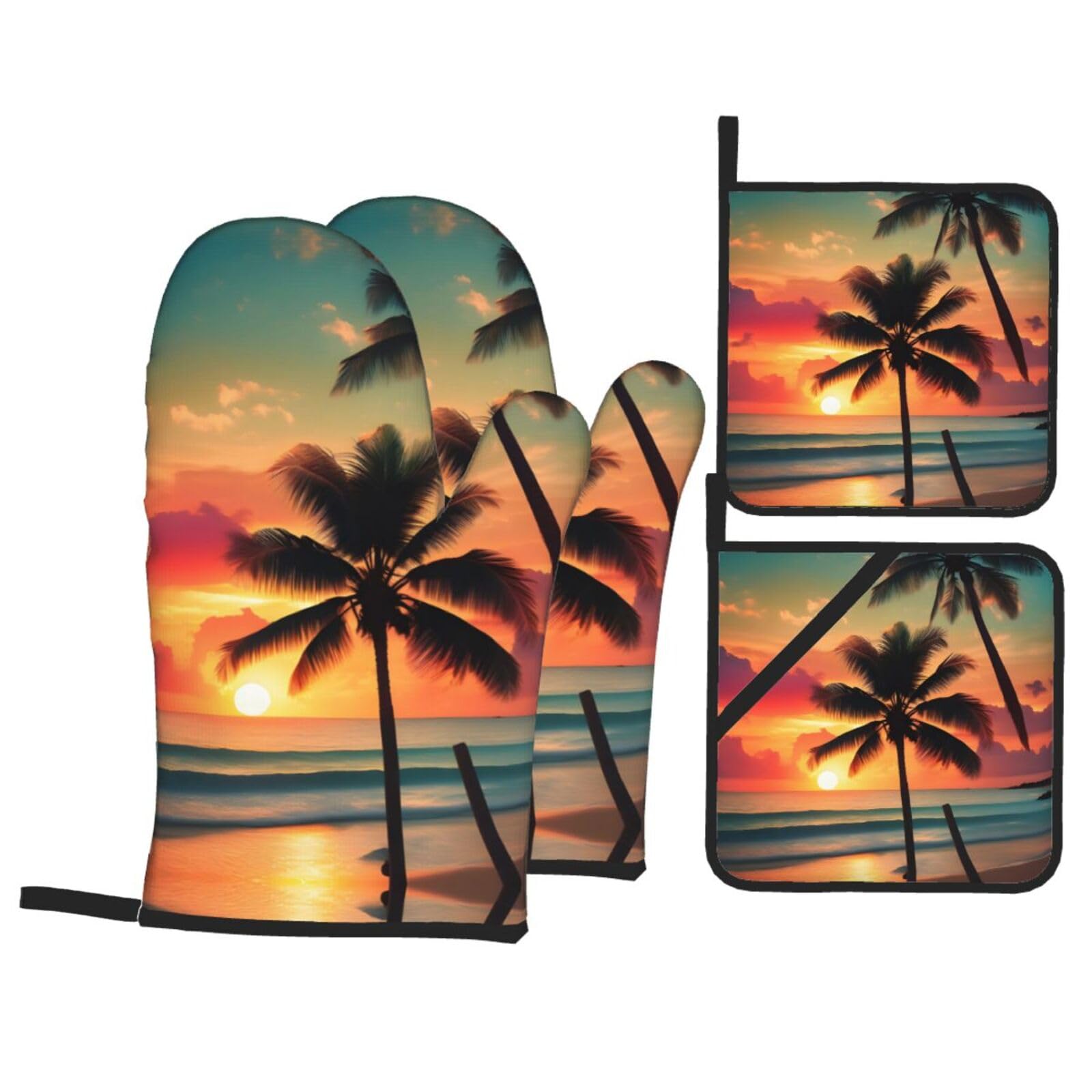 Tropical Beach Palm Tree Print Oven Mitts,Pot Holders, Heat Resistant Oven Mitts Gloves,Hot Pads for Kitchen Cooking Grill