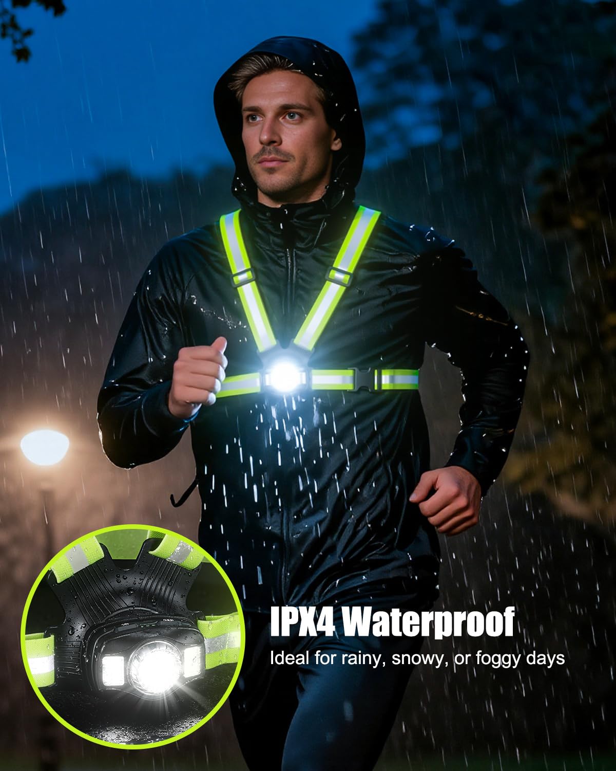 Feux de course pour coureurs, 500 lumens, faisceau réglable à 45°, 6 modes et étanchéité IPX4, gilet réfléchissant rechargeable 1800 mAh pour marche nocturne, cyclisme, jogging, randonnée