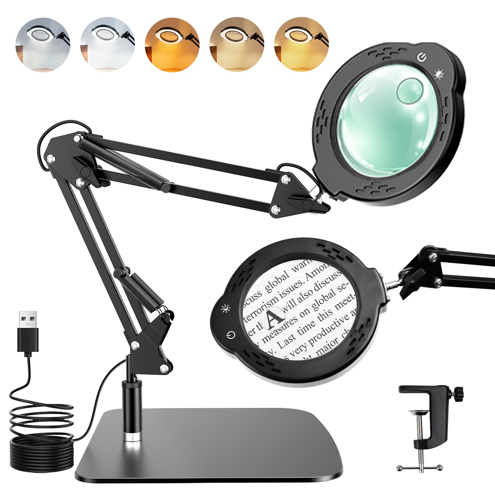 10 x 30-krotne szkło powiększające ze światłem i stojakiem, pulpit LED lampa powiększająca z podstawą i zaciskiem, 5 trybów kolorów, 3 poziomy ściemniania, szkło powiększające bez użycia rąk do