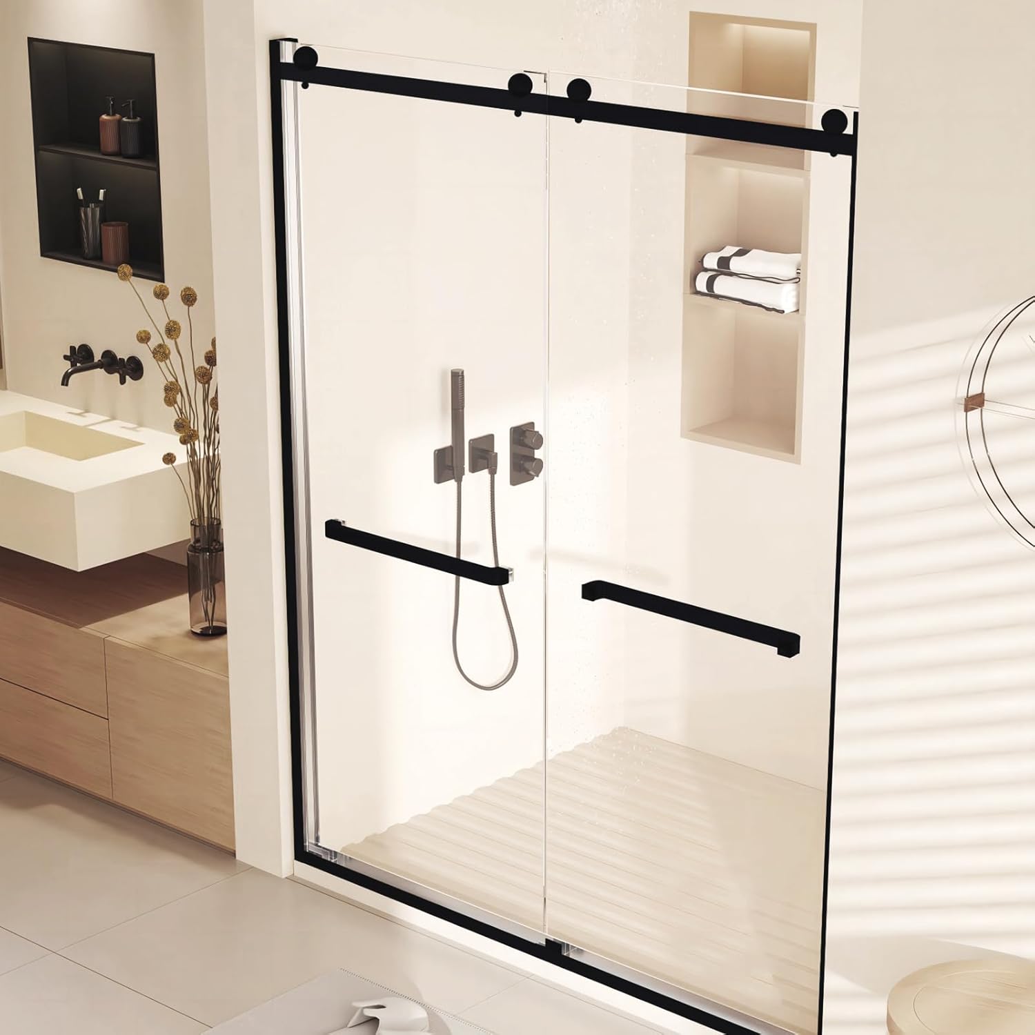 60" X 76" Frameless Sliding Glass Shower Door, Double Sliding Bathroom Shower Doors, Walk in Shower Enclosure, Bathtub Shower Door, Clear Tempered Shower Glass Panel with Waterproof Seal,Black