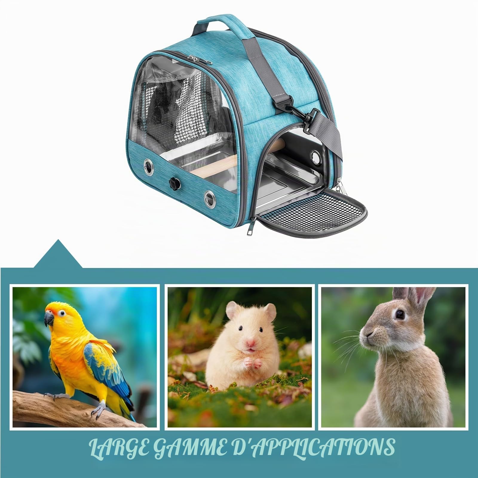 Boîte de transport pour oiseaux : sac à dos pour oiseaux avec perchoir et plateau en acier inoxydable, boîte de transport légère et respirante, cage de voyage pour perroquets perruches (bleu