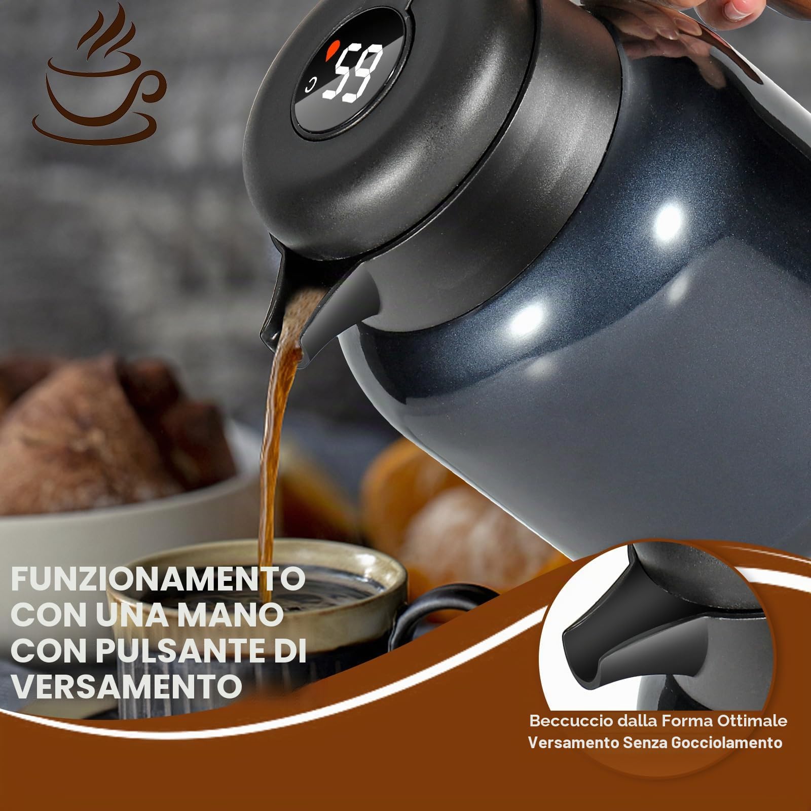Dreamhigh® Thermos 2 l con colino da tè, thermos con indicatore di temperatura, caffettiera ben sigillata (senza perdite, nessuna goccia), per caffè, tè e latte
