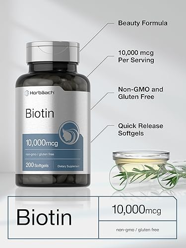 Miniatura 4 de Horbaach Biotin 10000 mcg  200 cápsulas blandas con vitamina B7  Suplemento de fórmula de belleza  Sin OMG y sin gluten