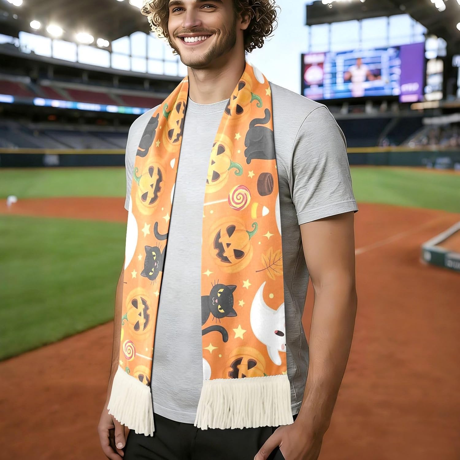 CHIFIGNO Cute Halloween Orange Sports Fan Scarf Towel, Soft Polyester Cheering Scarf for Soccer Games, Quick Dry Sweat Absorbent Rally Towel