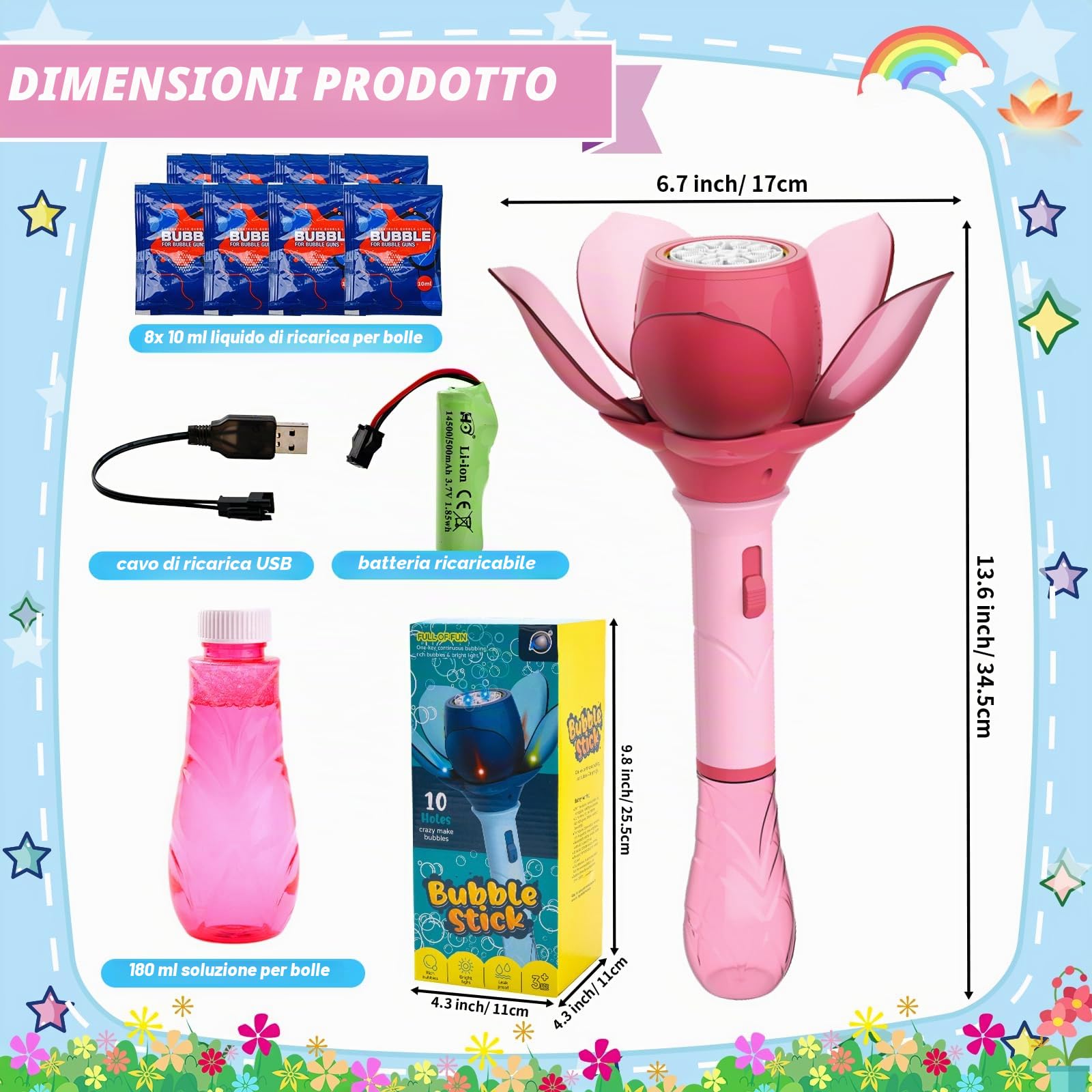 Fiore di Loto Pistola a Bolle, Pistola Bolle di Sapone Bambini 10000+ Bolle/Minuto, Sparabolle di Sapone Bambini Automatico con 120ml Soluzione di Bolla e 8x 10ml Bolla Bottiglia di Ricarica