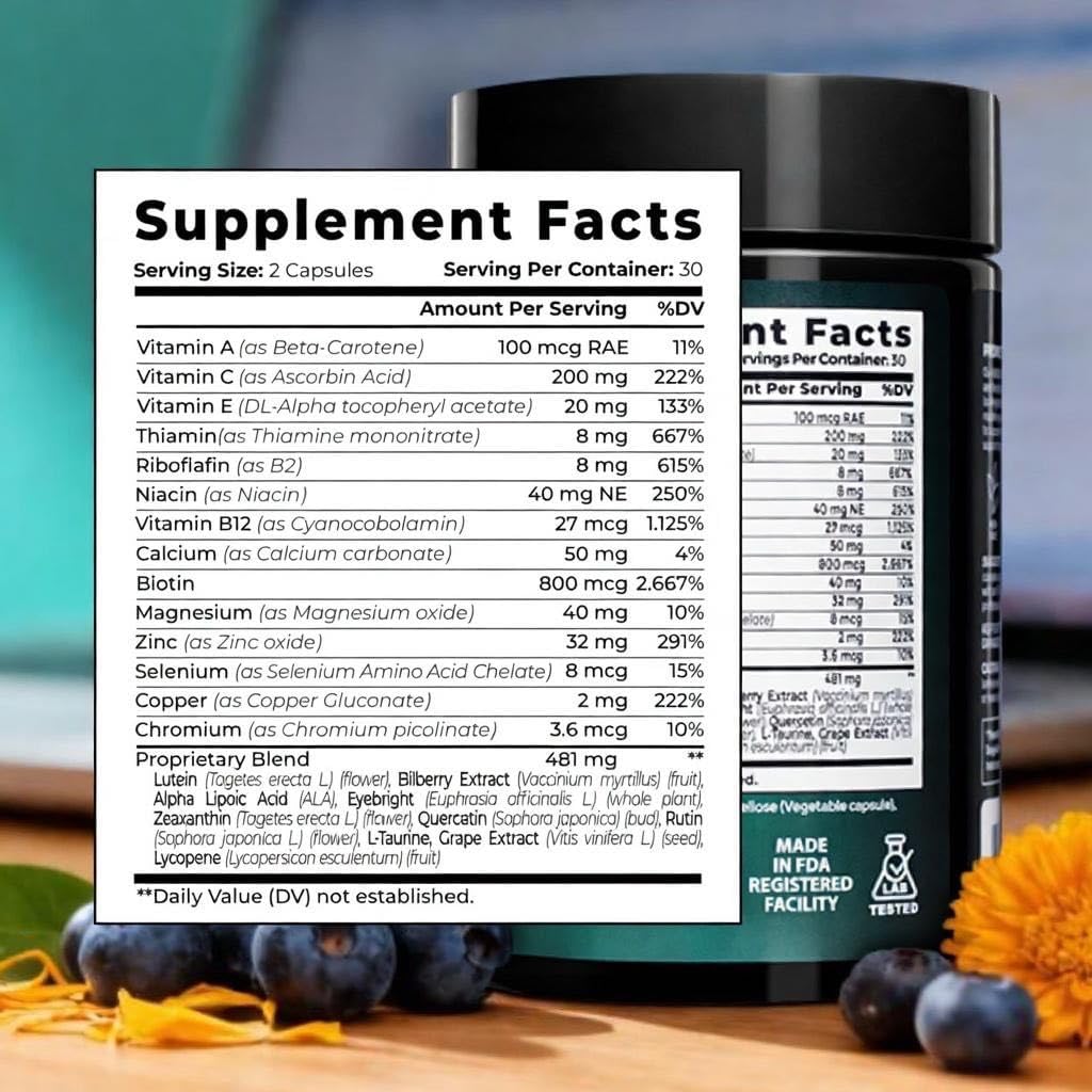 Premium Eye Vitamins – 200 mg Lutein and Zeaxanthin Supplement – Clear Vision & Eye Health Support* – 23 in 1 Complex with Lutein, Zeaxanthin, Vitamins & Minerals – 60 Veg Caps