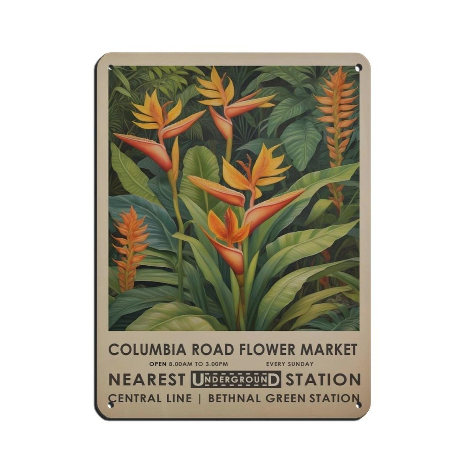 Columbia Road Flower Market, Tropical Botanical Art Retro Poster Metal Tin Sign Chic Art Retro Iron Painting Bar People Cave Cafe Family Garage Poster Wall Decoration 12x16inch(30x40cm)