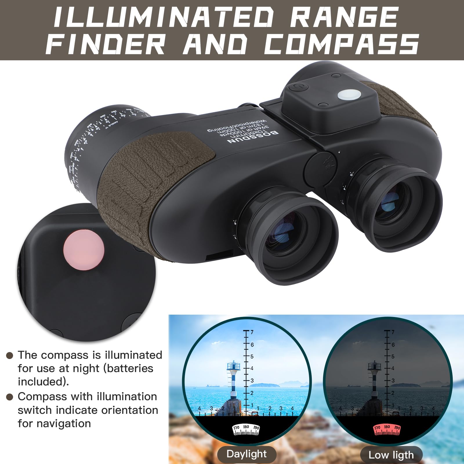 10X50 Prismáticos Marinos para Adultos Impermeable con Brújula Brújula BAK4 a Prueba de Niebla Prism Lens Binoculares Militar para Navegación Navegación Observación de Aves y Caza (Y)