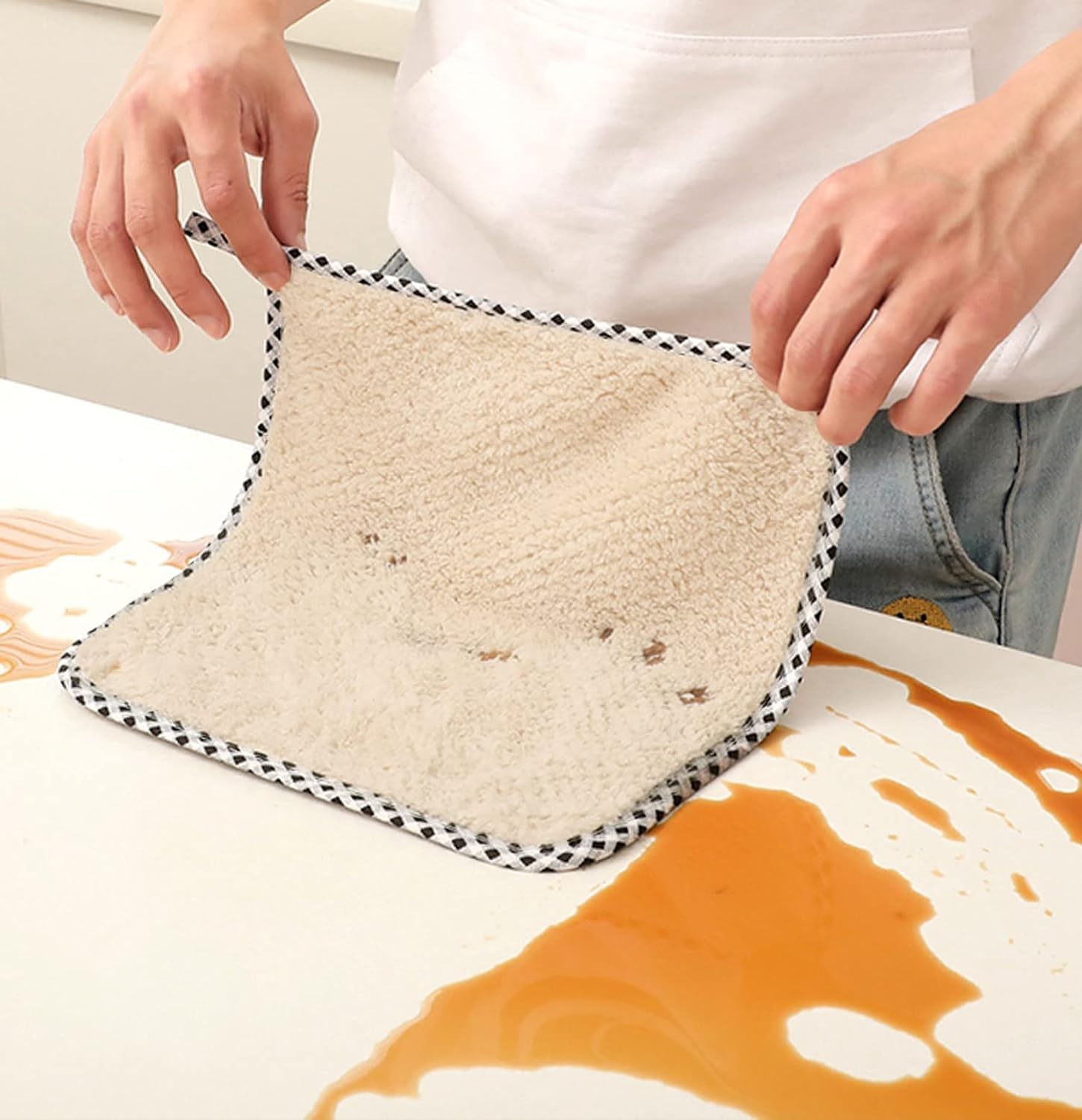 ATCAN Double-Sided Microfiber Cleaning Cloth Set - Oil Resistant, Highly Absorbent Towels for Kitchen, House Furniture, and Windows - Reusable Household Cleaning Supplies - Pack of 5 4
