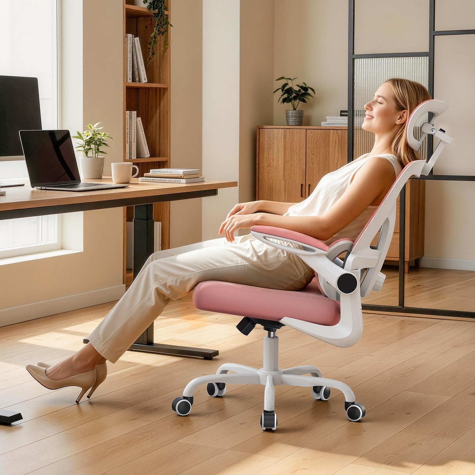 naspaluro Bürostuhl, Ergonomischer Schreibtischstuhl, 110kg, Rosa | Netzbespannung, 3D-Verstellbare Kopfstütze, Lendenwirbelstütze, 90°-Armlehne, Wippfunktion, für Home Office, Büro & Studenten